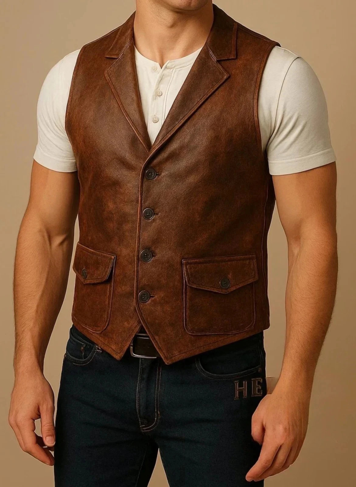 Men’s Brown Biker Vest Real Cowhide Leather Vest Classic Button Waistcoat Jacket
