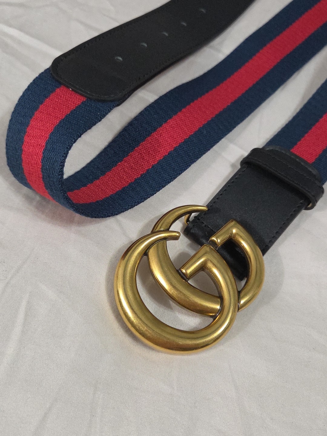 Gucci GG Brass Buckle Striped Navy Red Dress Belt Men’s 36-38 IT 105CM