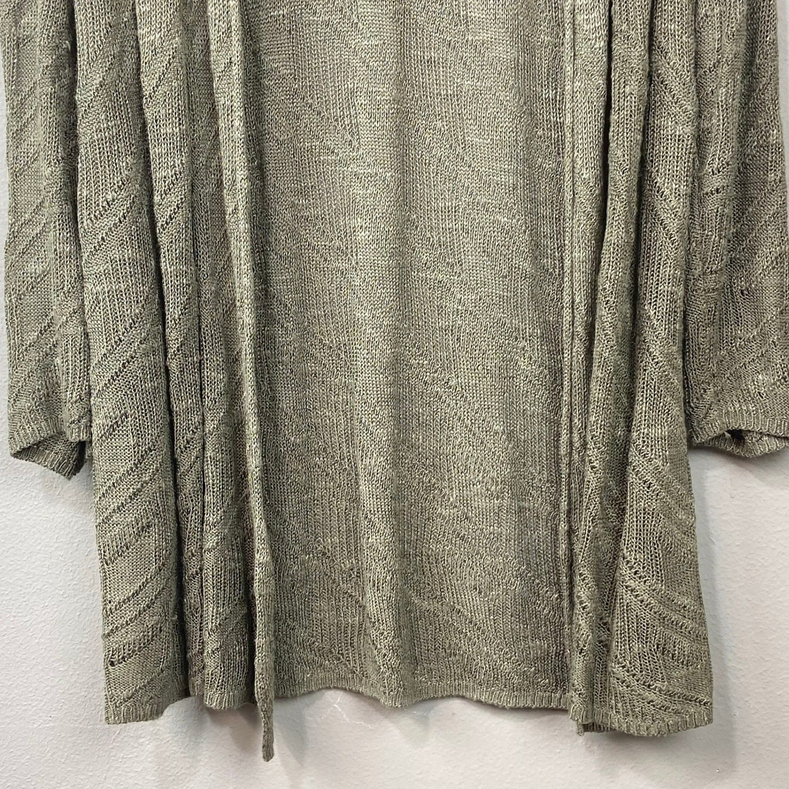Chico’s Open Front Cardigan Sweater Women Sz L Olive Green Pointelle Linen Blend