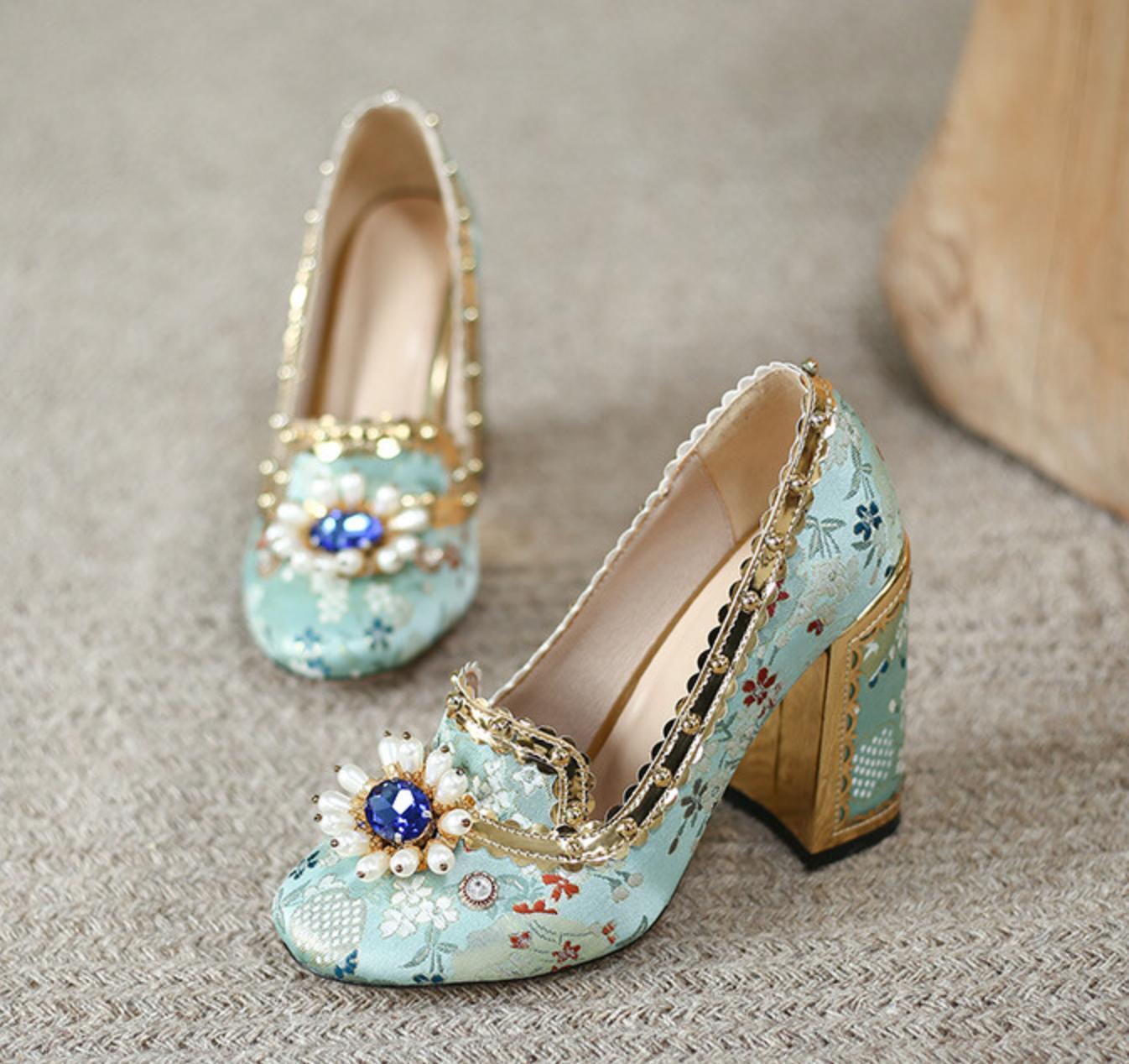 Women’s Beads Rhinestones Wedding Flower High Heel Pumps Satin Shoes Pumps Lady