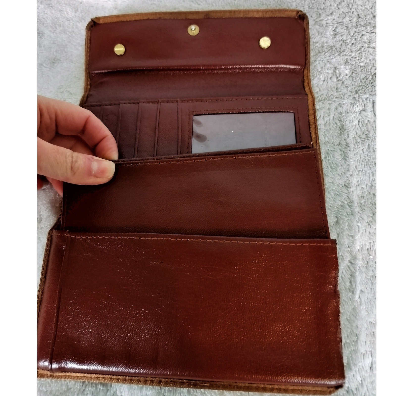 Vintage Moschino Satin Logo Plaque Tri-Fold Wallet Womens Brown Bronze 90s