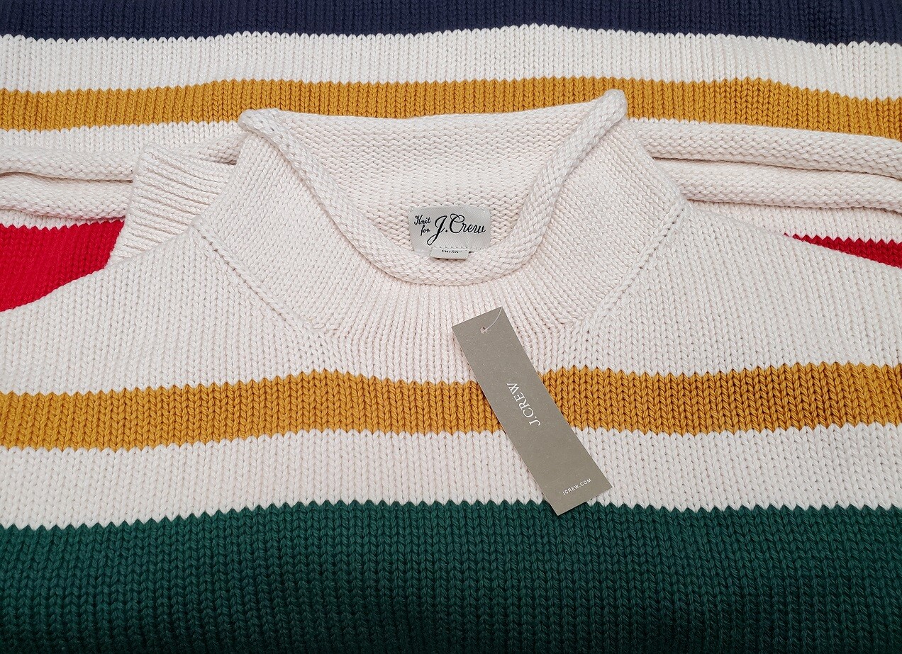 J.CREW roll neck sweater stripe white red green navy cotton chunky fisherman’s