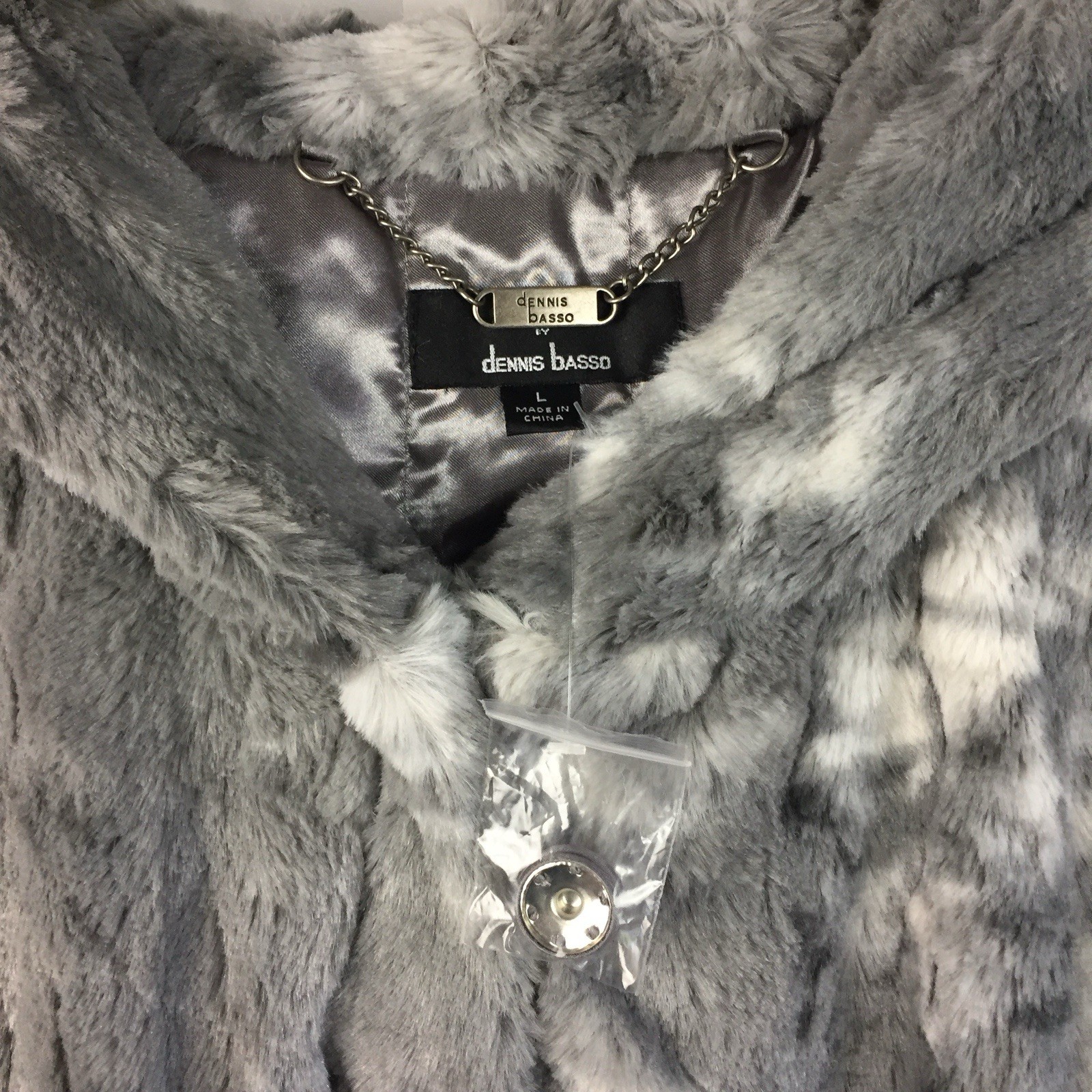 NWOT Dennis Basso Snap Front Faux Fur Hooded Vest Textured Gray Size Large Lined