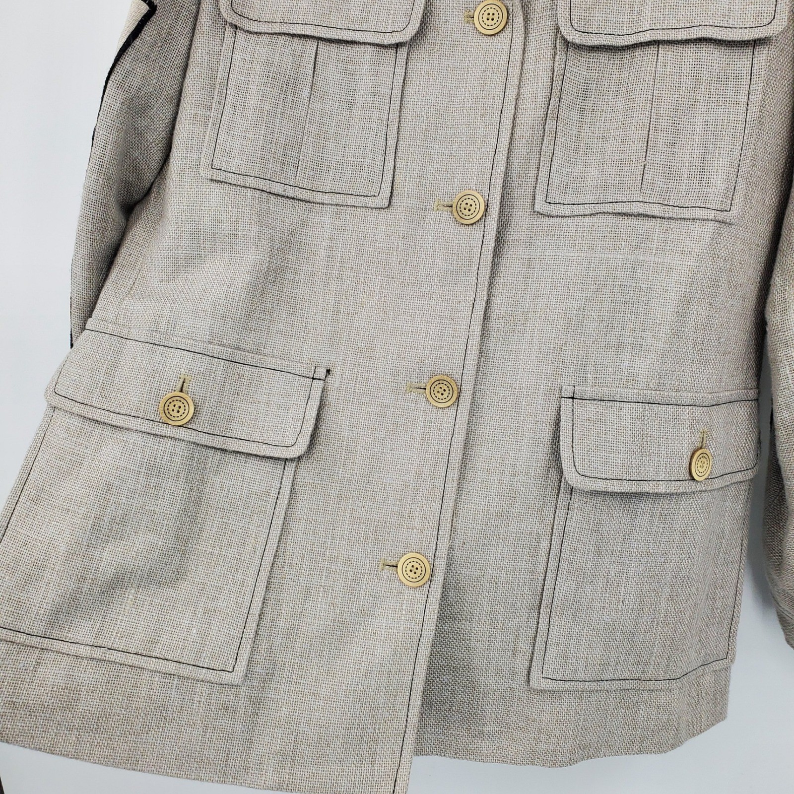 Harve Benard 100% Linen Safari Jacket Tan Contrast Sleeve Utility Blazer Size 10