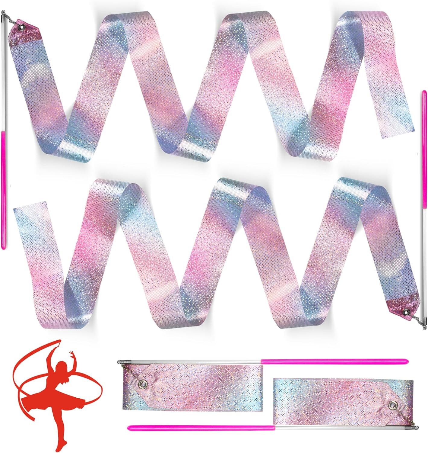 2 Pcs Sparkling Dance Ribbons Streamers, Gymnastics Ribbon Wands Rhythm Sticks