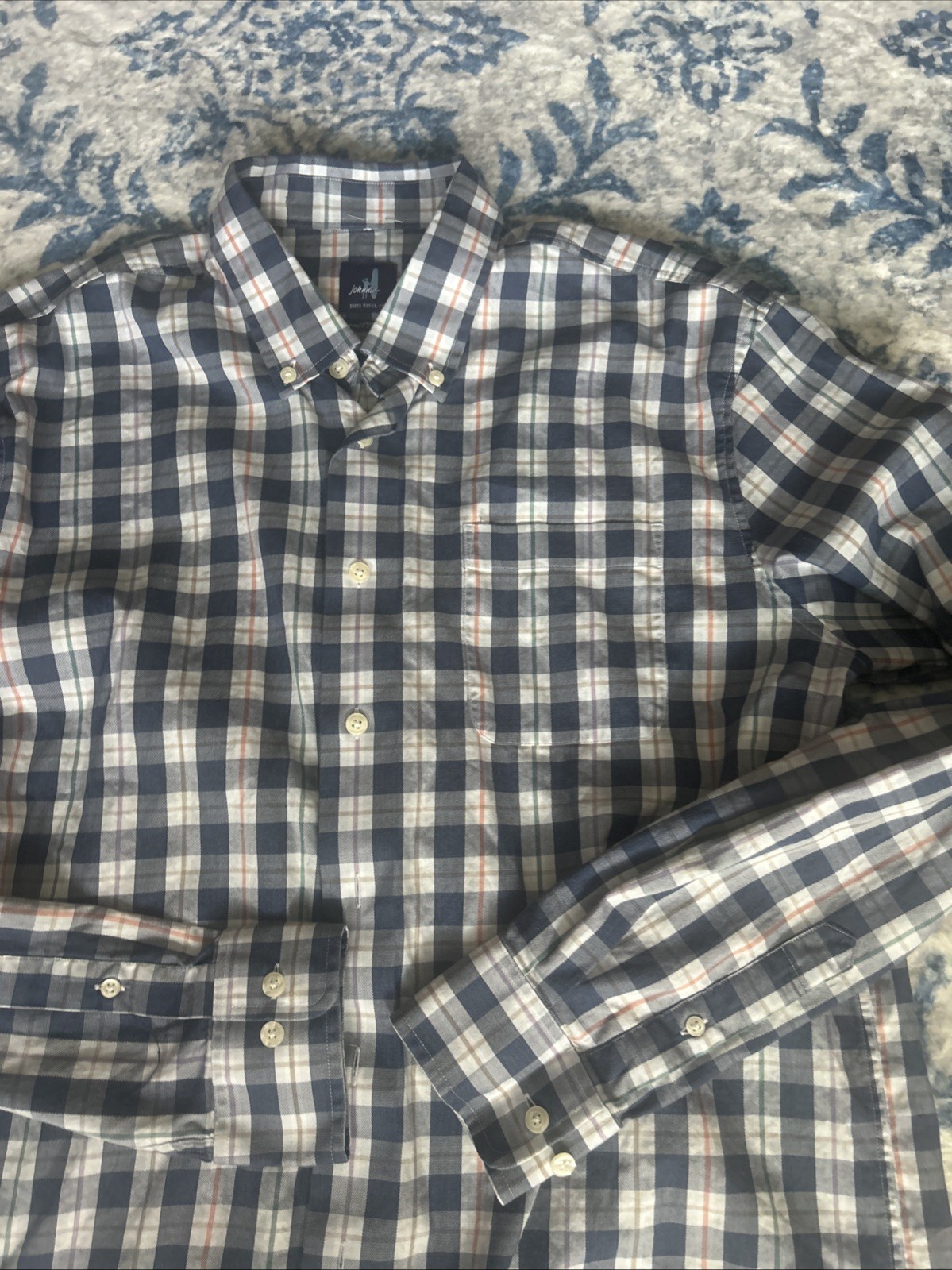 Johnnie-O Mens Large Brown Gingham Check Button Down Cotton Shirt Long Sleeve