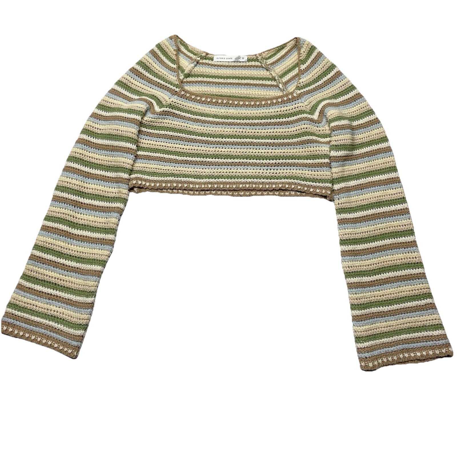 Earthy Neutral Striped Cropped Crochet Knit Sweater Top Size S Festival Cottage