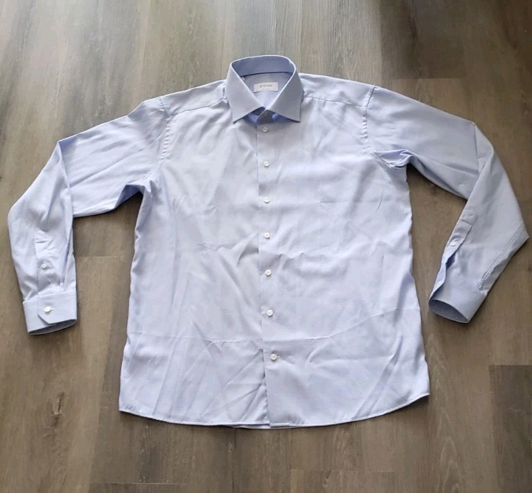 Eton Blue Print Contemporary All Cotton L/S Dress Shirt Sz 17.5/44 Quiet Luxury