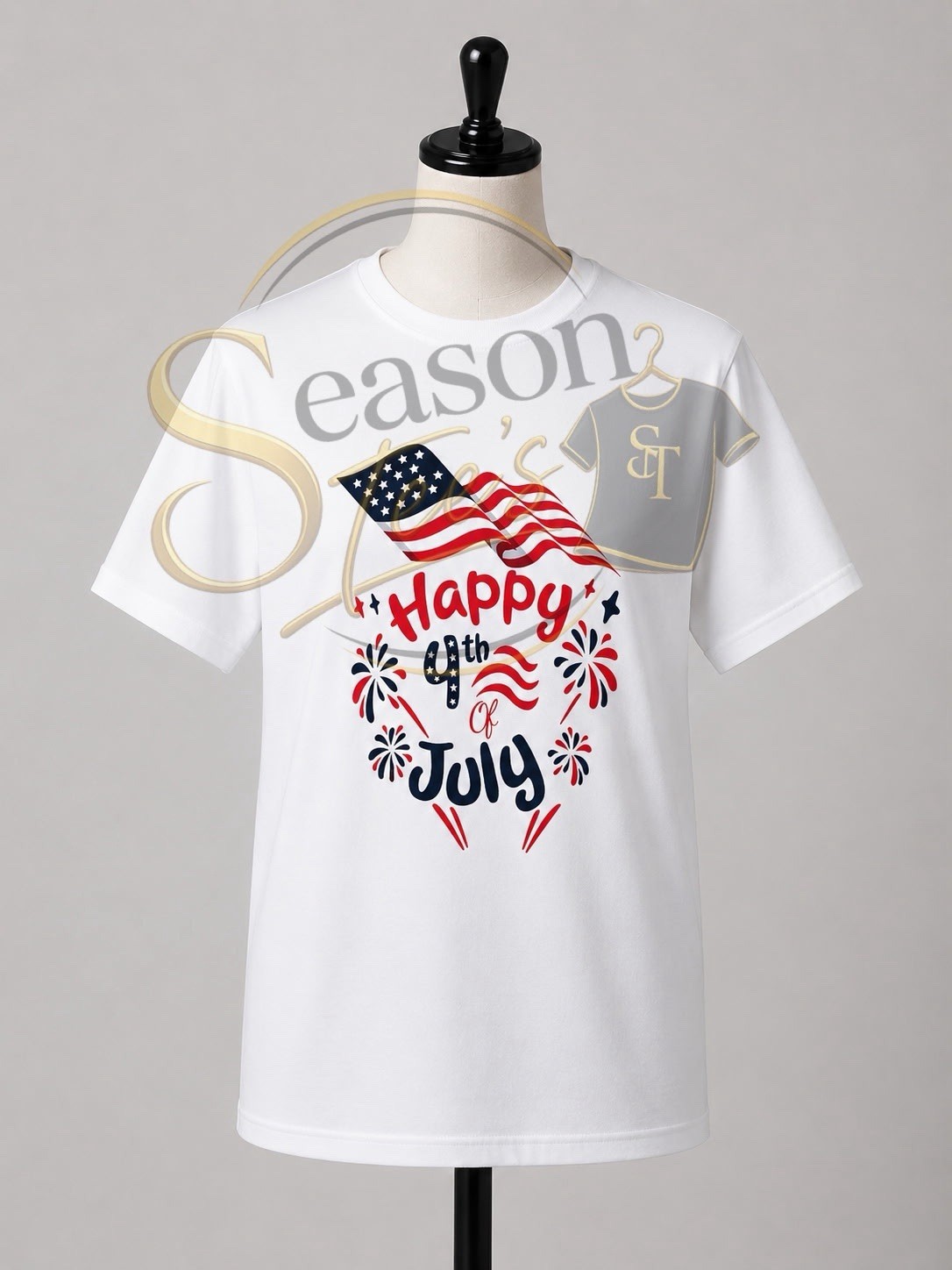 Season Tees White Cotton 4th of July Patriotic Graphic Print Crew Neck T-Shirt L