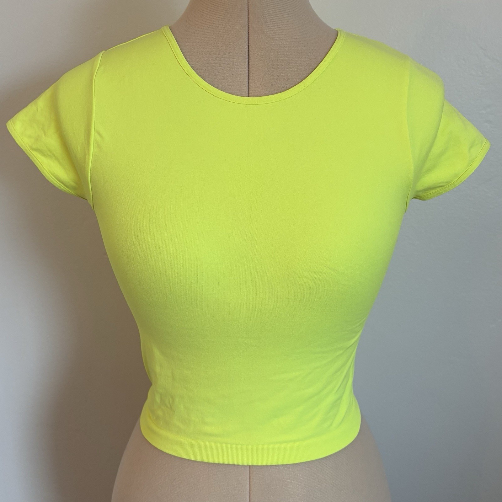 Free People Intimately Bright Neon Yellow Stretchy Crew Crop Top Baby Tee, XS/S