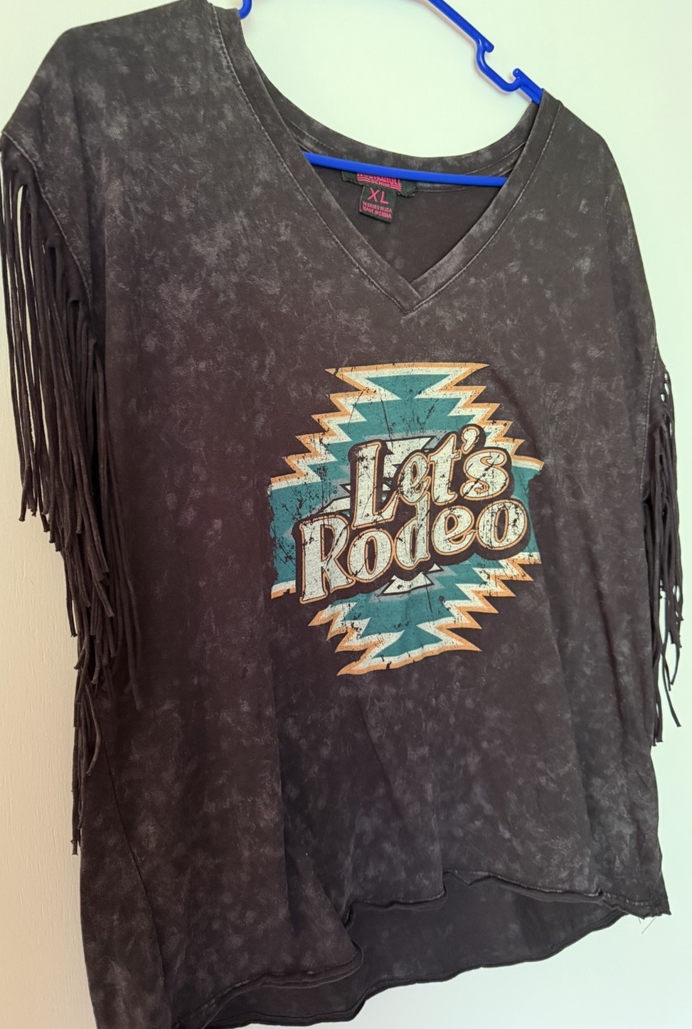 Rock & Roll Denim XL Let’s Rodeo Aztec Fringe Sleeve Mineral Wash Western Tee