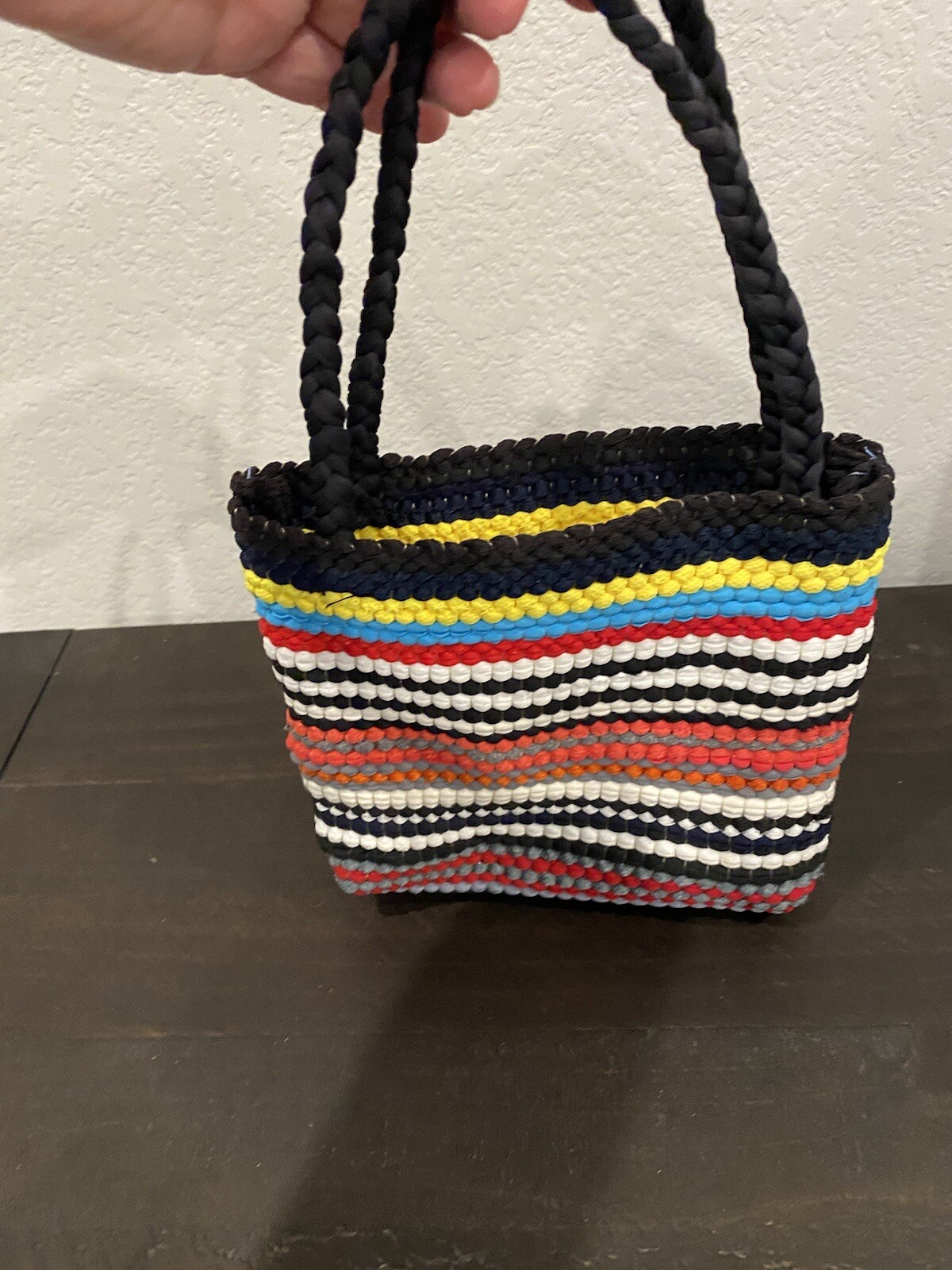 Hand Crocheted Small Purse Striped Multicolor 7 1/2 In Tall 8 In Wide