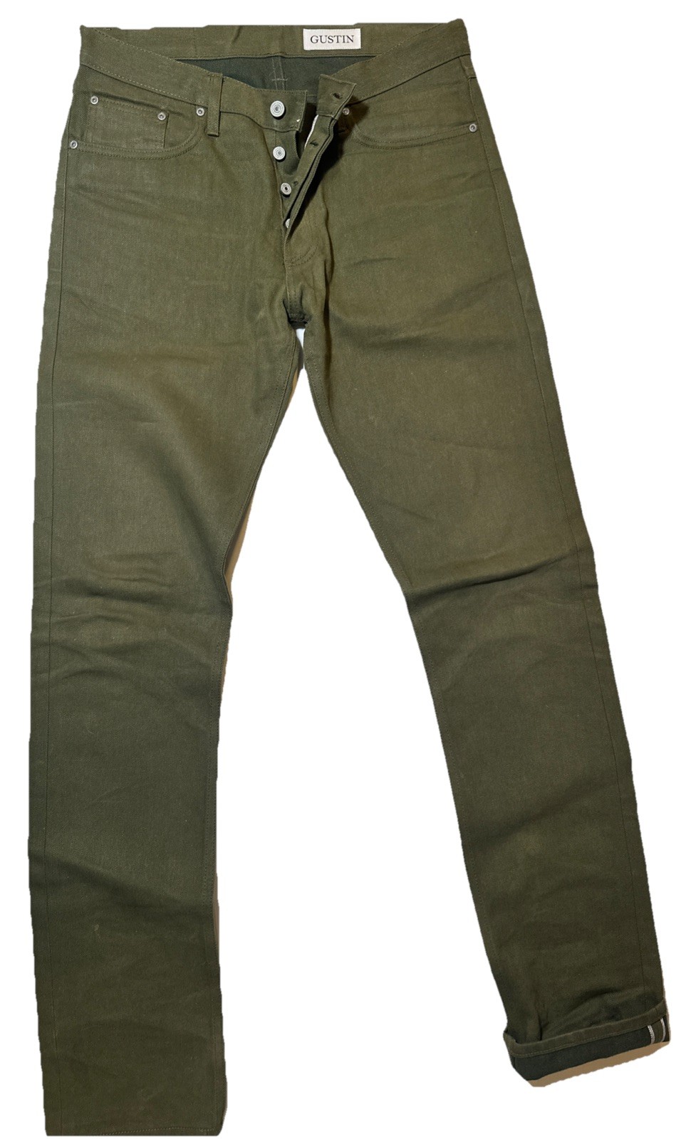 Gustin Mens Slim Fit Raw Selvedge Jeans Olive Green Size 34 x34 Made n USA Denim