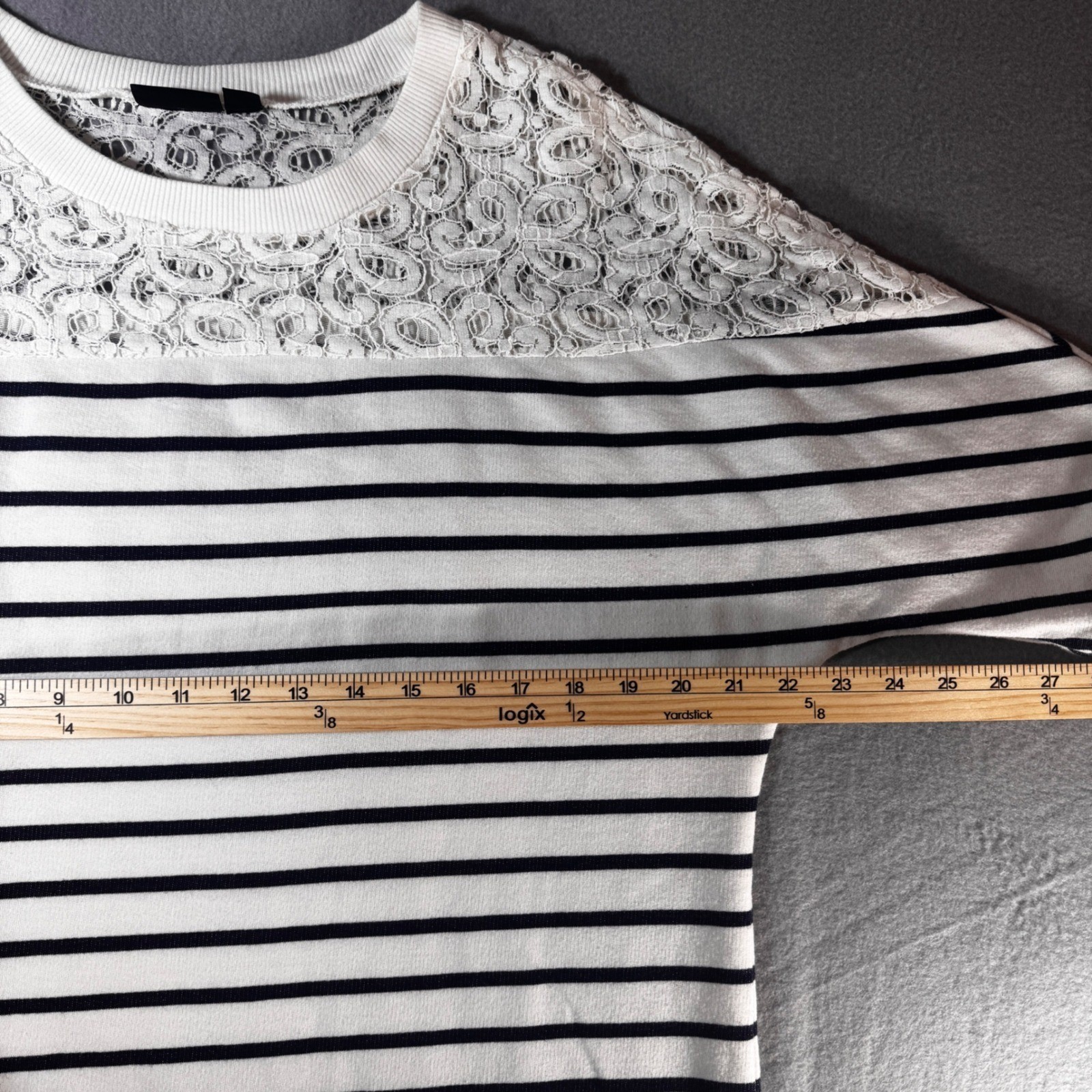 ana A New Approach Striped Lace Yoke Batwing Sleeve Top White Navy Large