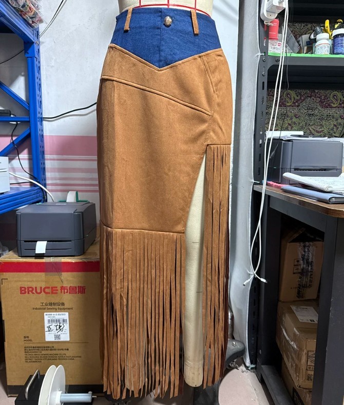 Women’s Western Fringe Suede Maxi Skirt with Denim Waist & Slit