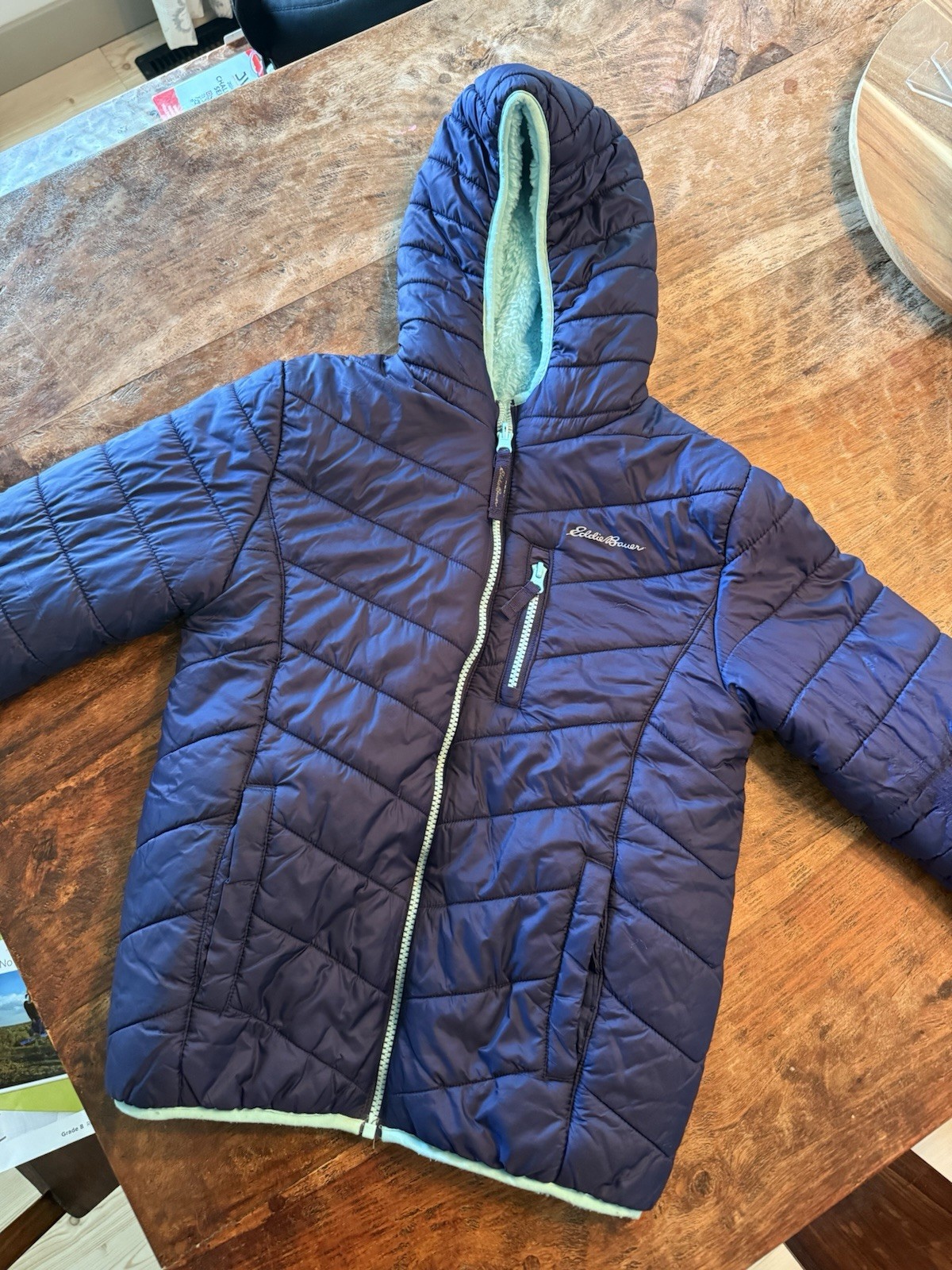 Eddie Bauer Kids Reversible Faux Fur Puffer Jacket Turquoise Navy Blue MED 10-12