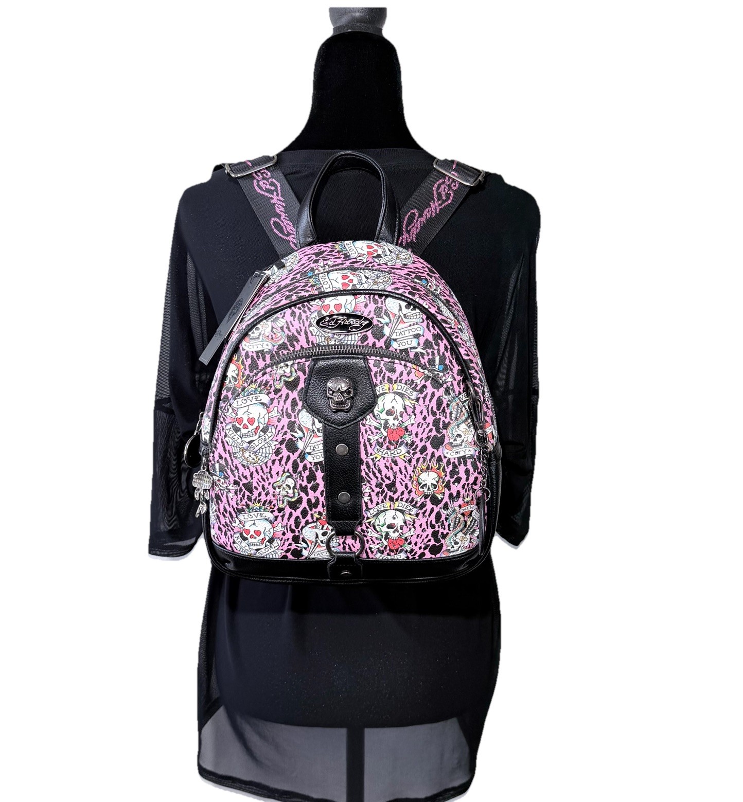 Ed Hardy Adjustable Pink Leopard Print Traditional Skulls Backpack Purse NWT