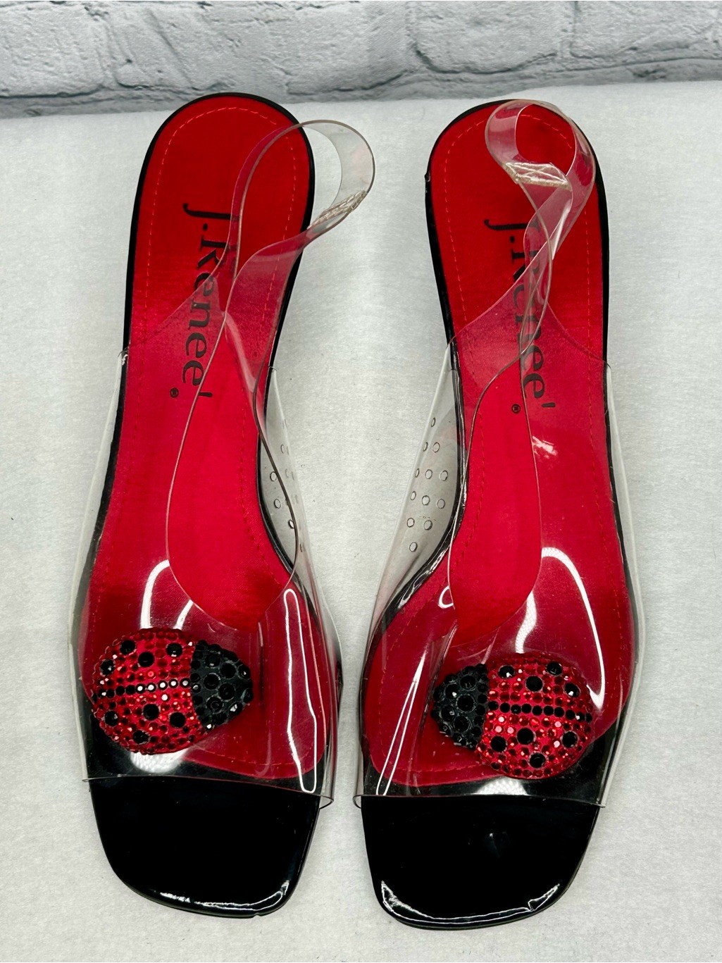 J. Renee Clear Vinyl Slide Sandals Red Black Rhinestone Ladybug New Size 8.5