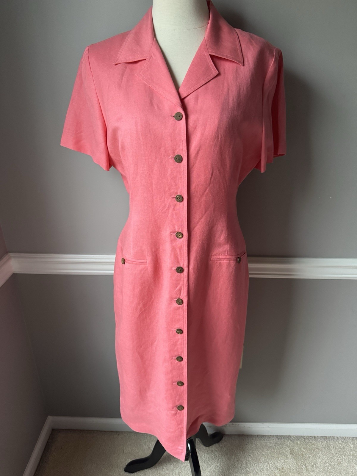 Positive Attitude Women’s Pink Linen Blend Shirt Dress Pockets Petite 12