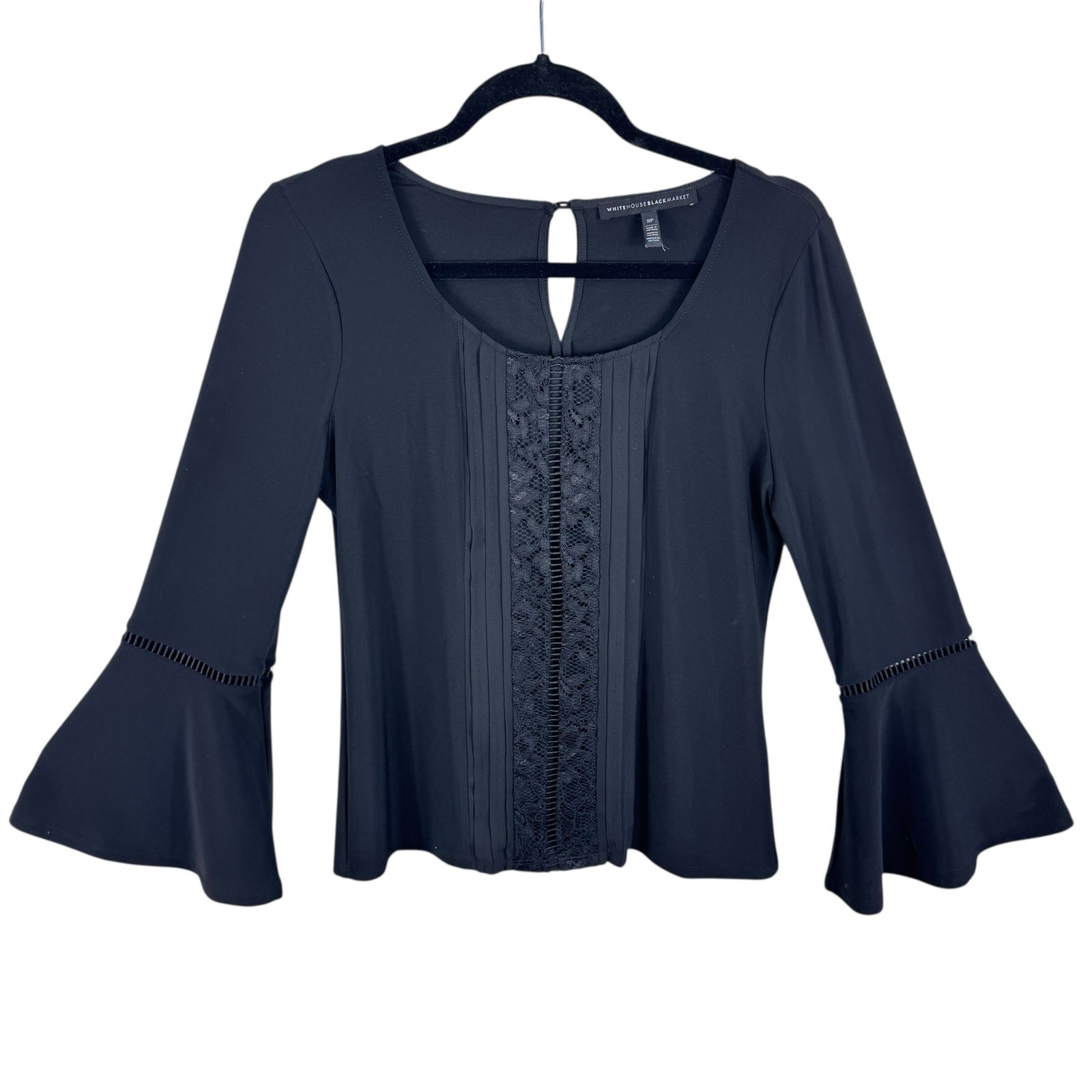 White House Black Market Black Long Bell Sleeve Lace Pleated Blouse Size SP