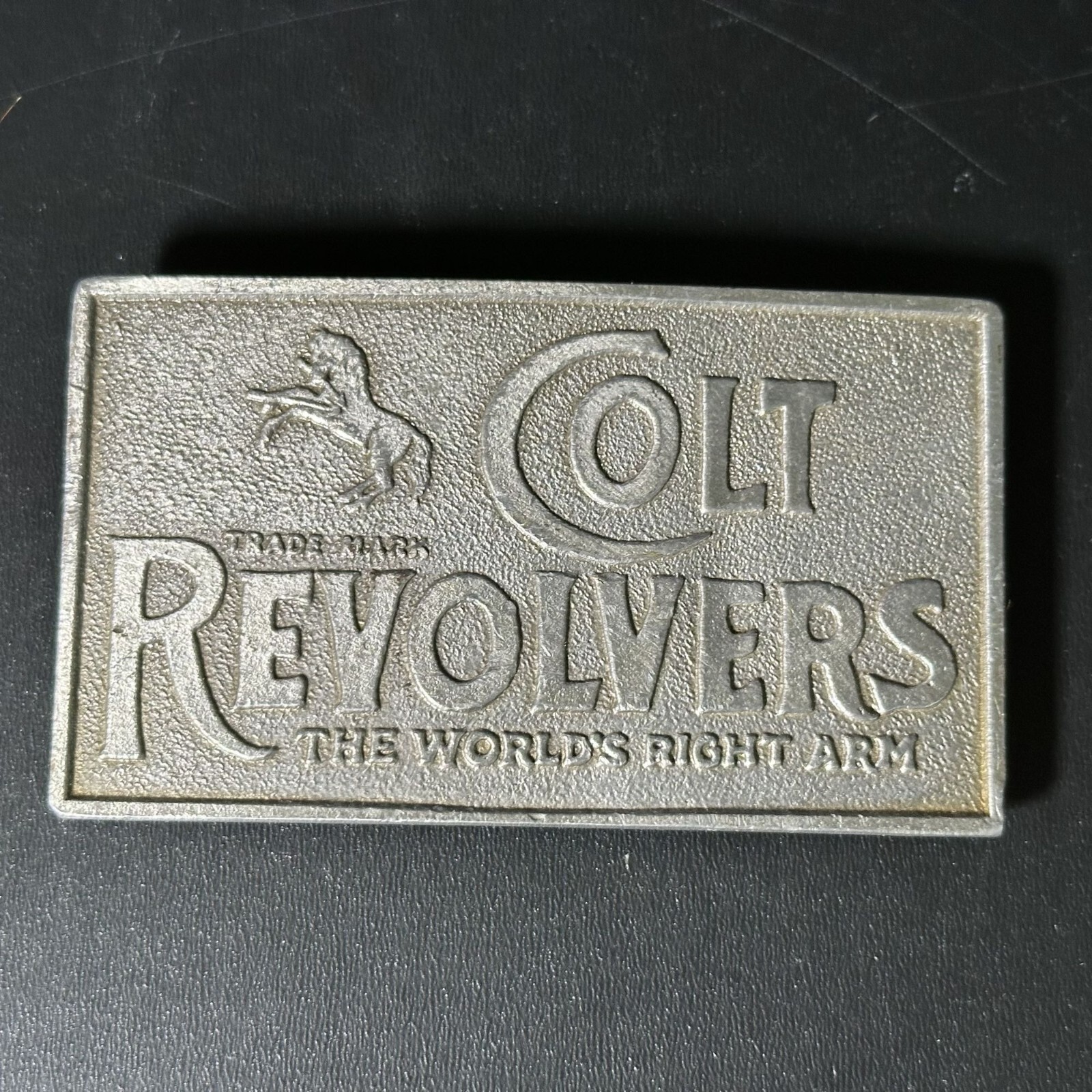 Vintage COLT REVOLVERS Belt Buckle 1970s Worlds Right Arm 4in x 2.25in