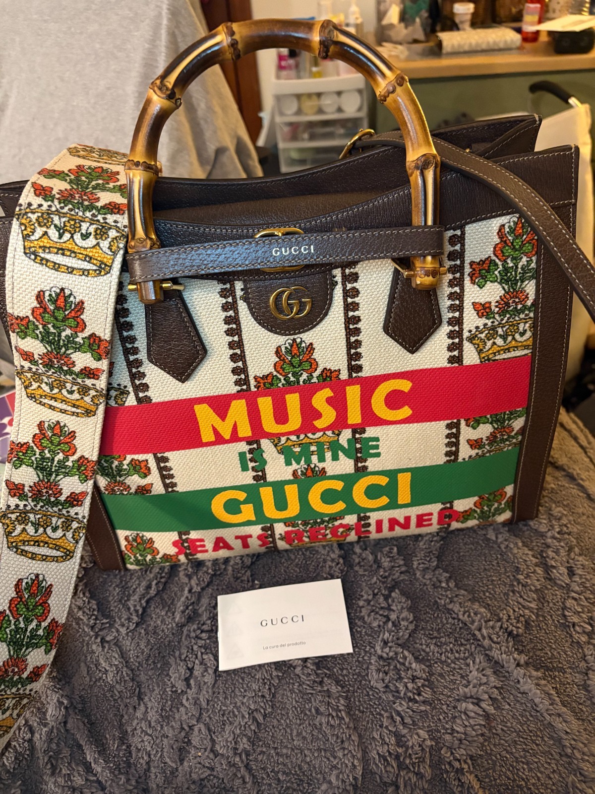 Gucci 100 Centennial Diana Music Is Mine Bamboo Tote 2 Straps Garment Bag NWT