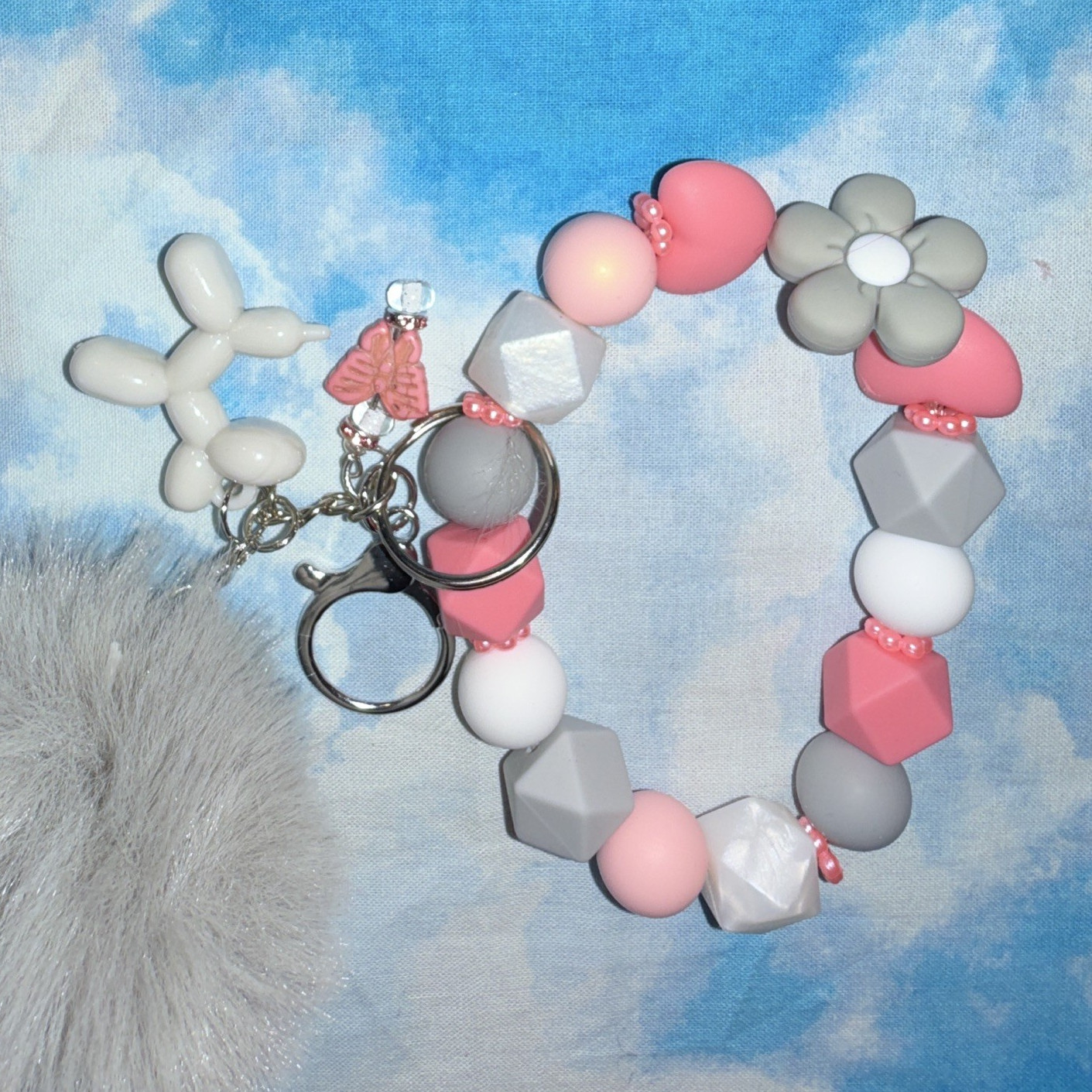 Pink/Gray/White Beaded Wristlet Key Chain/Bag Charm w/Pom Pom & Clip