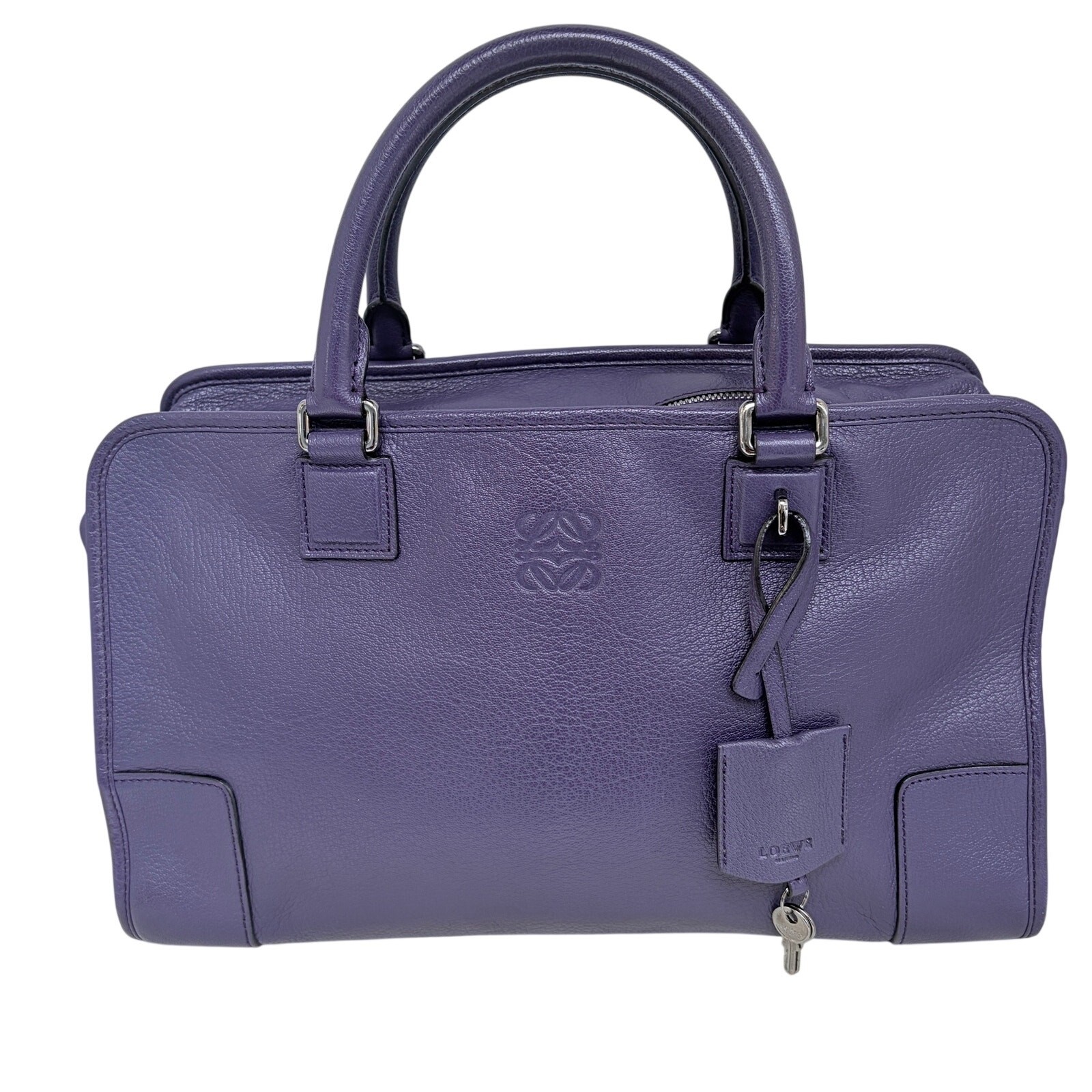 Loewe Amazona 36 Purple Leather Top Handle Bag Silver Hardware COA Dustbag Keys