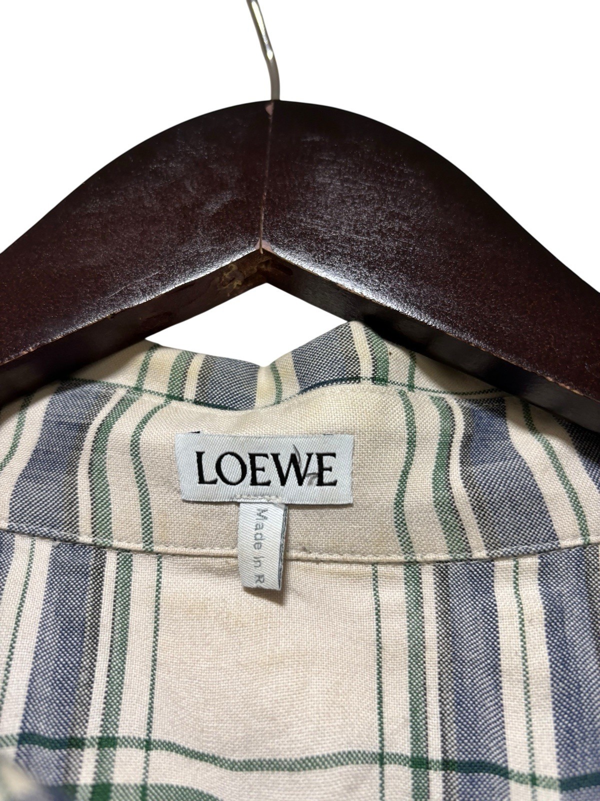 LOEWE Casual Patchwork Shirt Size 43 Beige Leather Pocket Logo Romanian Made