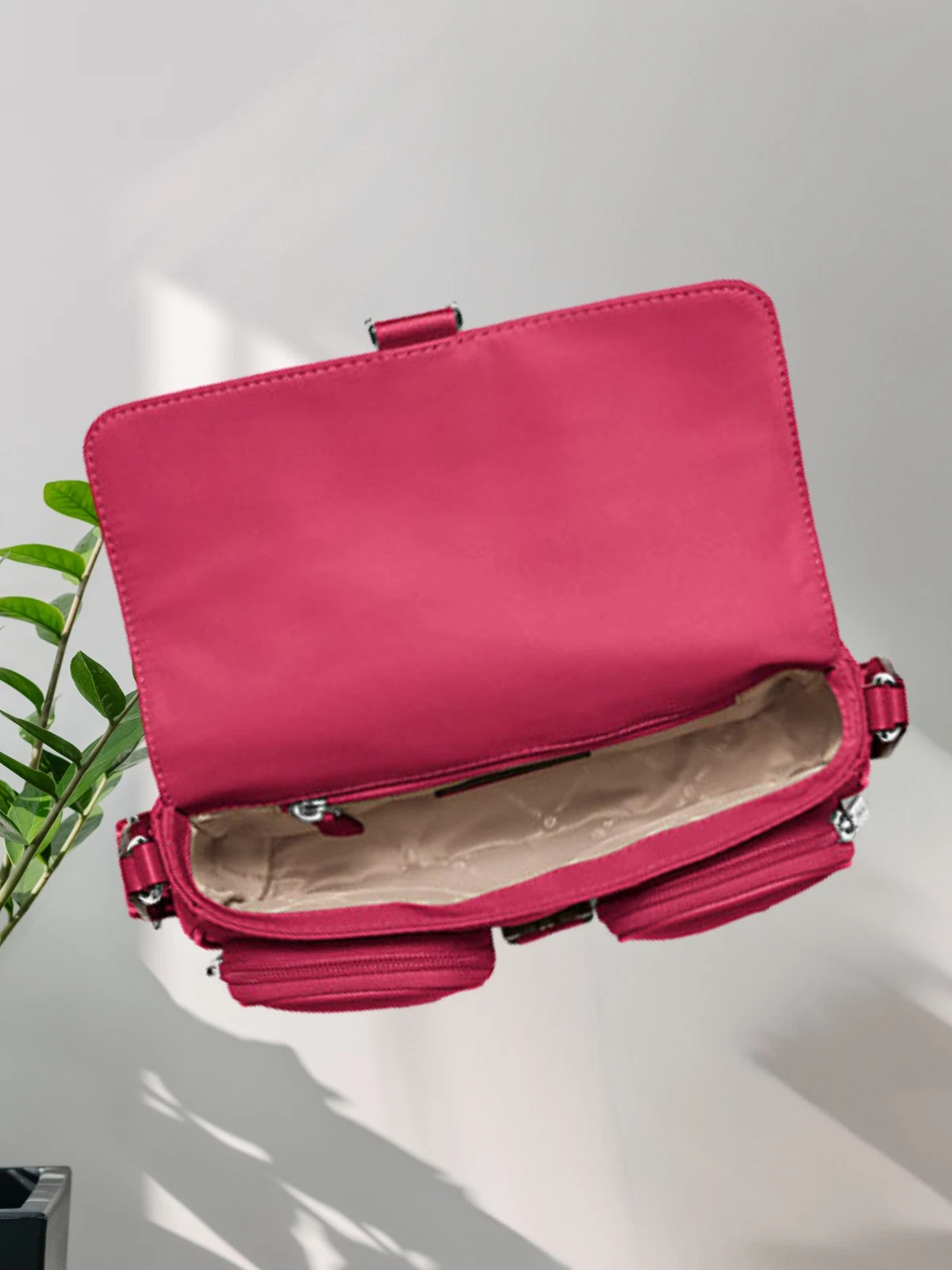 Michael Kors Khai Medium Nylon Double Pocket Flap Messenger Bag Dark Raspberry
