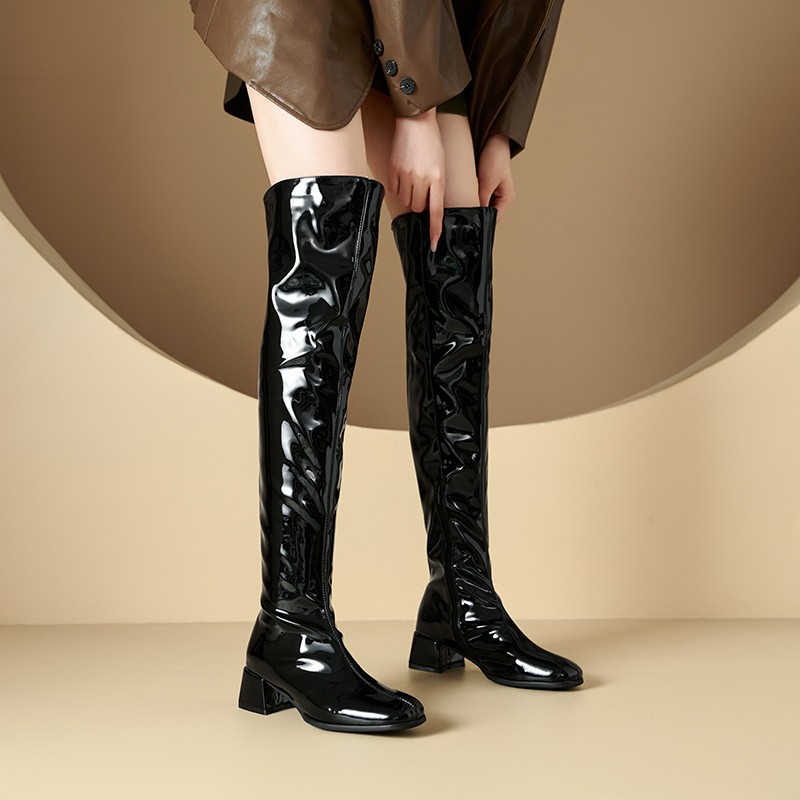 Women Patent Leather Over The Knee Boots Thigh High Block Heel Long Boots Shoes