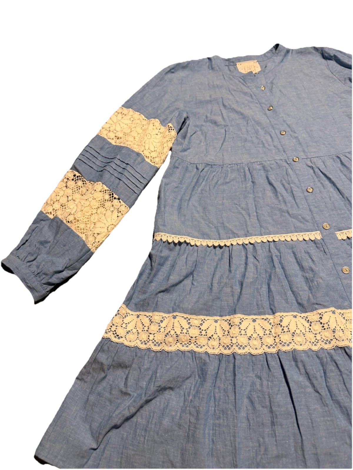 Johnny Was Jade Laguna Pieced Above Knee Cotton Linen Lace Boho Tiered Dress L