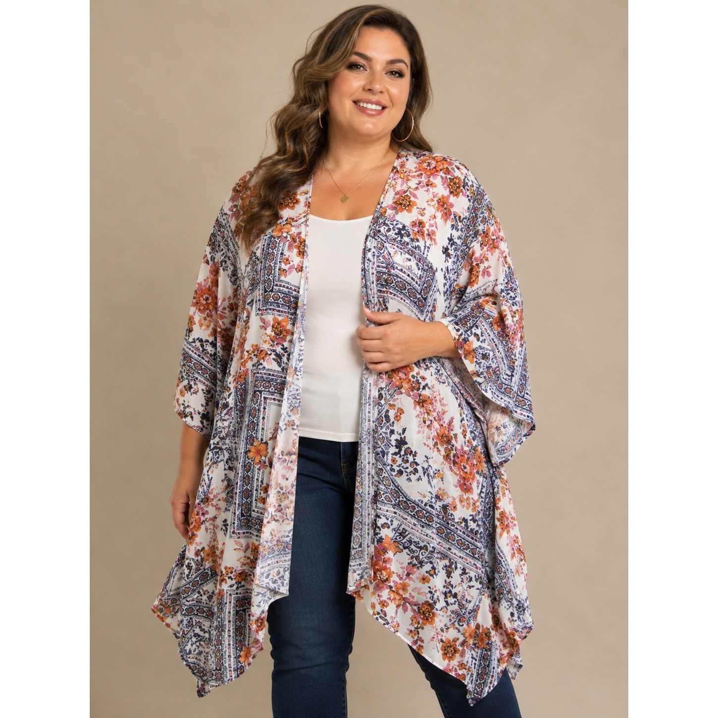 Hayden Rayon White Floral Tunic Wrap Top size 3XL Batwing Boho Colorful Classic