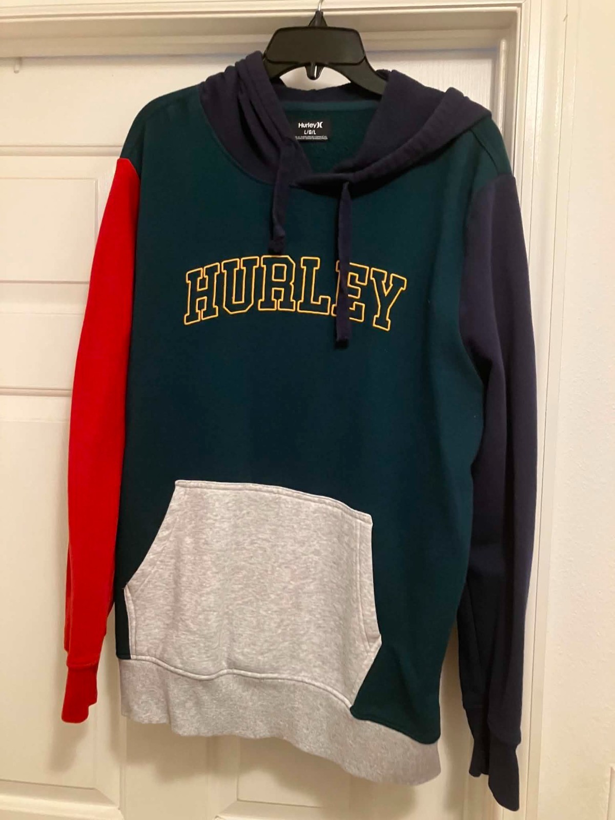 Hurley Men’s LS Hoodie Fleece Pullover Kangaroo Pouch Pocket Colorblock Large