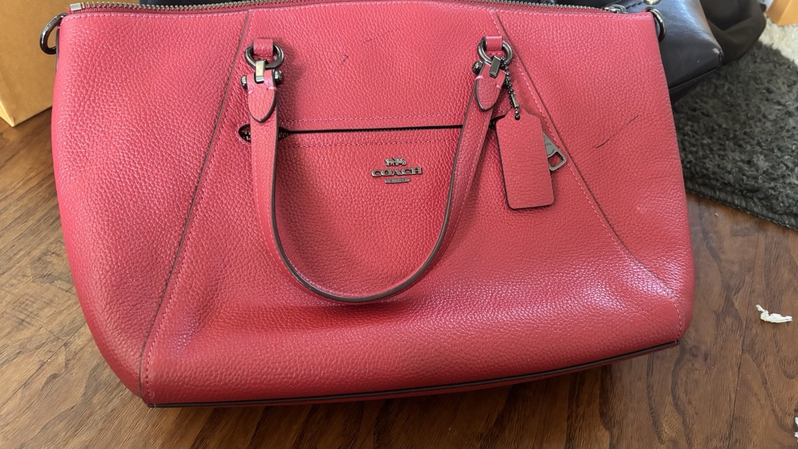 Coach Pink Pebbled Zip Top Satchel Top Handle Double Handles Lined Charm
