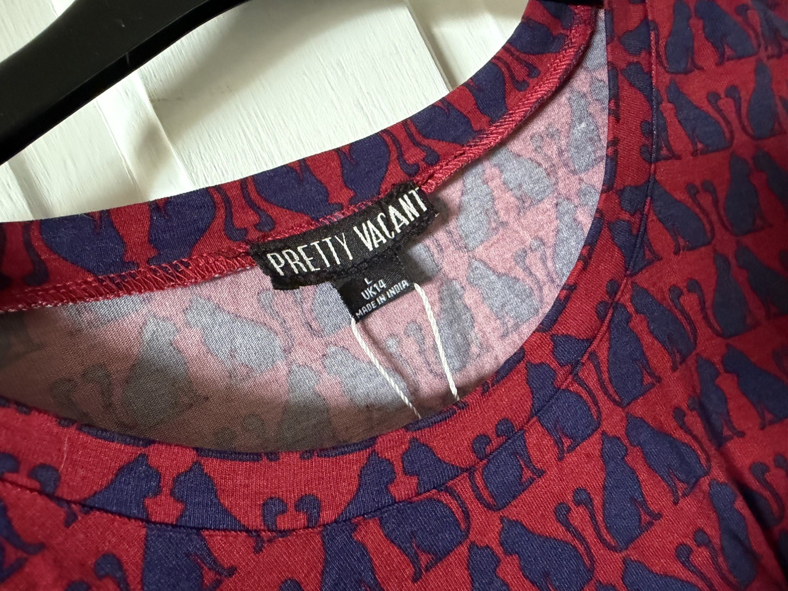 PRETTY VACANT Raspberry Navy Blue Art Deco Cat Print Long Sleeve Top UK14 BNWT