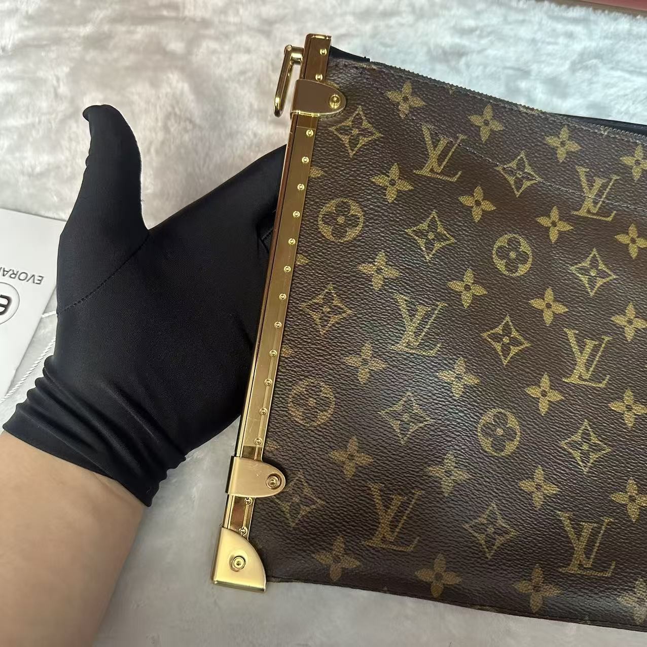 Auth Louis Vuitton Trunk Clutch Monogram Canvas Gold Hardware Crossbody Bag