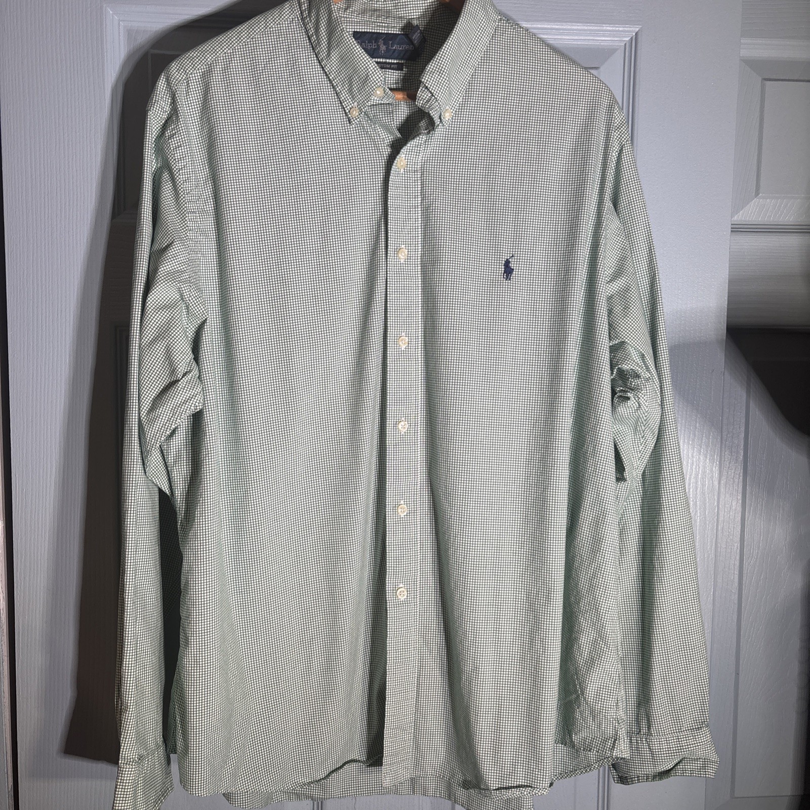 Ralph Lauren Custom Fit Button Up Shirt 18 36/37 Green White Blue Cotton XL