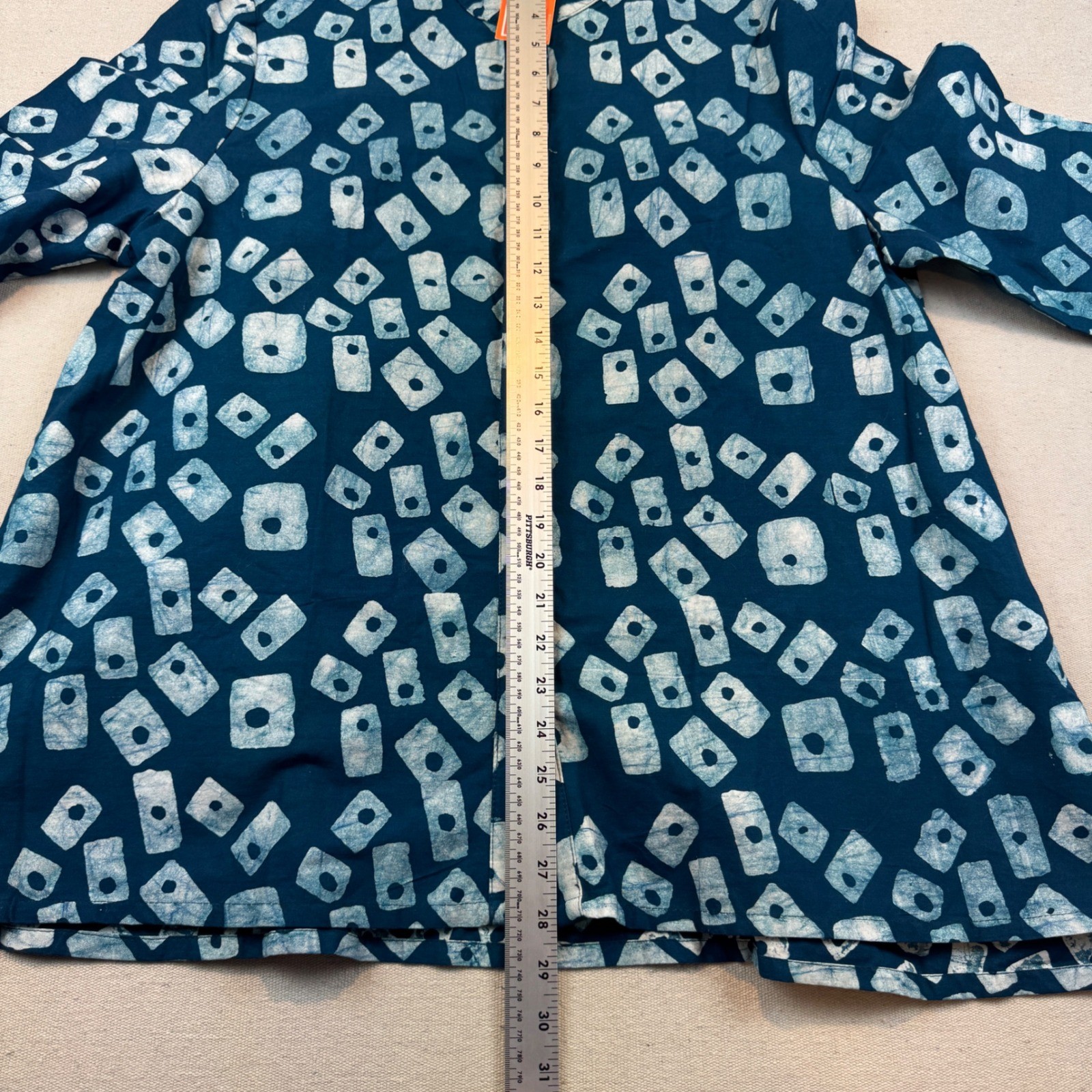 Zuri Kenya Women Large Blue White Cotton Batik Print Mandarin Collar Shirt NWT