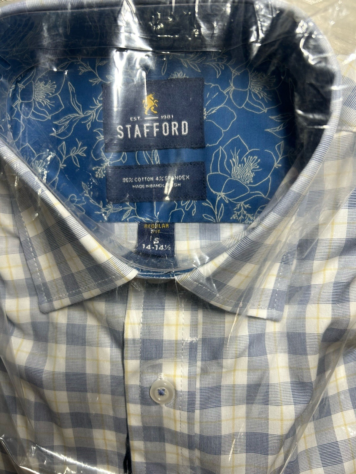 Stafford Men’s Regular Fit Plaid Dress Shirt Blue/Yellow/White 14-14.5 32/33