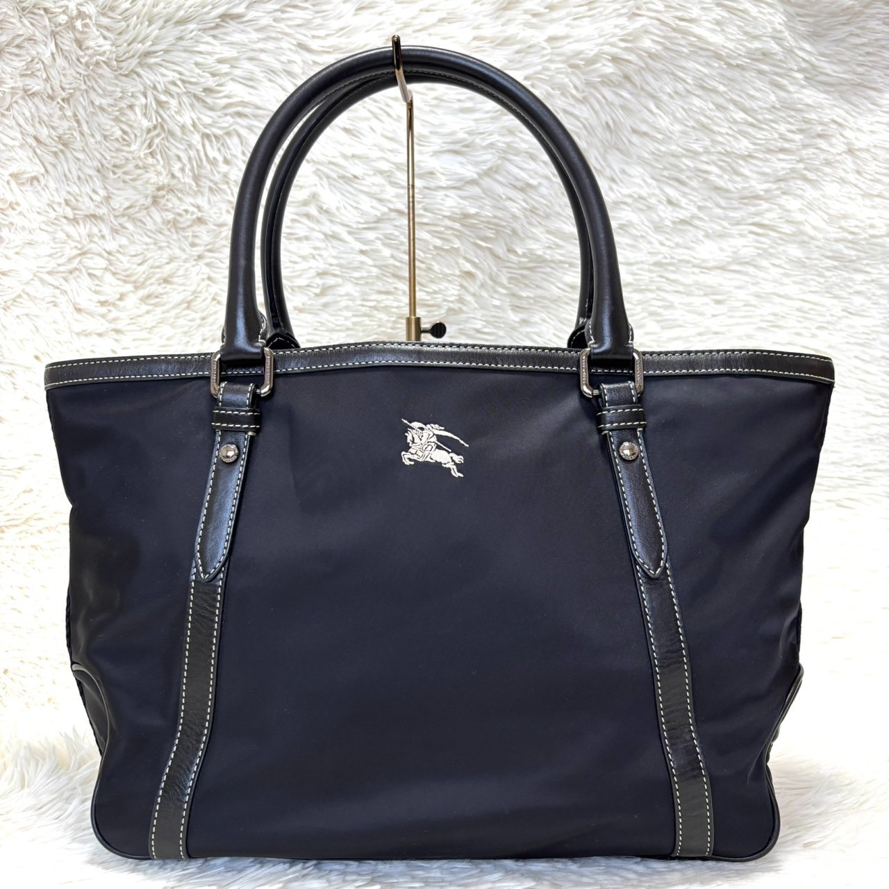 Burberry Blue Label Nylon Leather Tote Bag Horse Logo Black