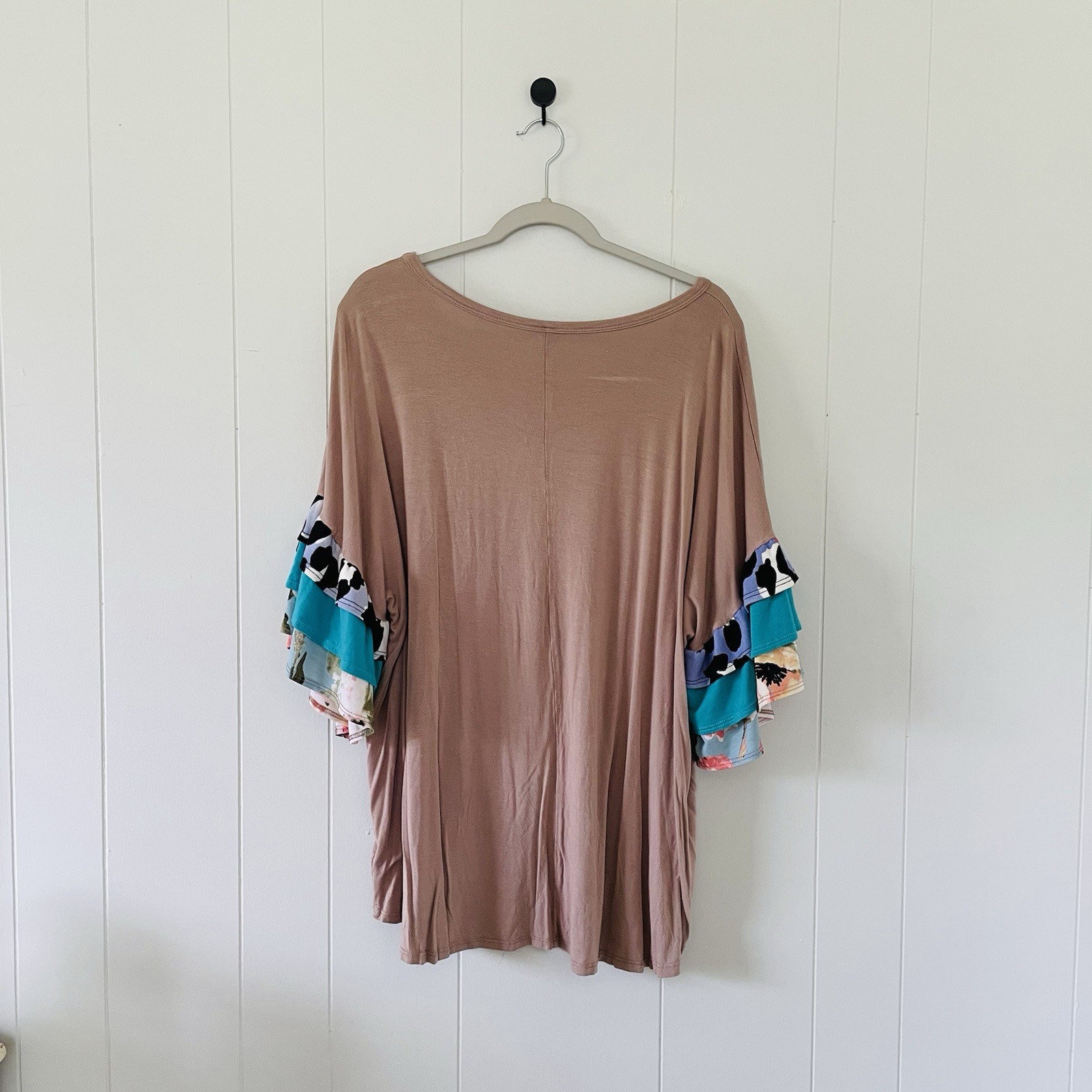 Celeste Taupe Multicolor Colorblock Ruffle Round Neck Flutter Sleeve Top 3XL