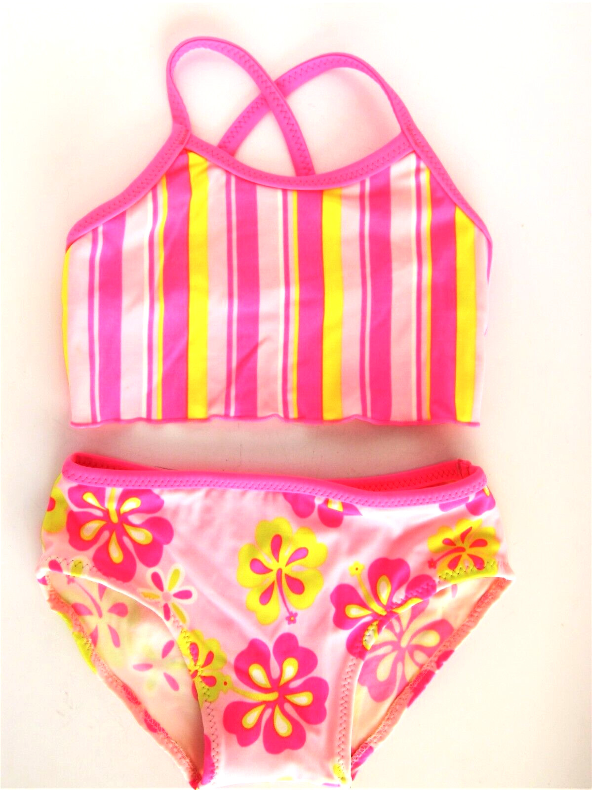 Sand N Sun 2-PC Girl Swimsuit Tankini Bikini Striped Neon Yellow Pink 24 M -2T