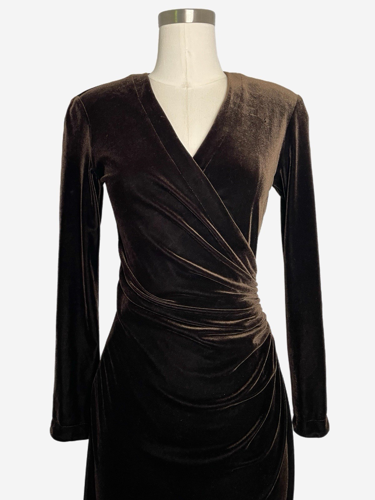 Vintage 90s Cache Brown velvet ruched wrap maxi gown old Hollywood soft goth XS