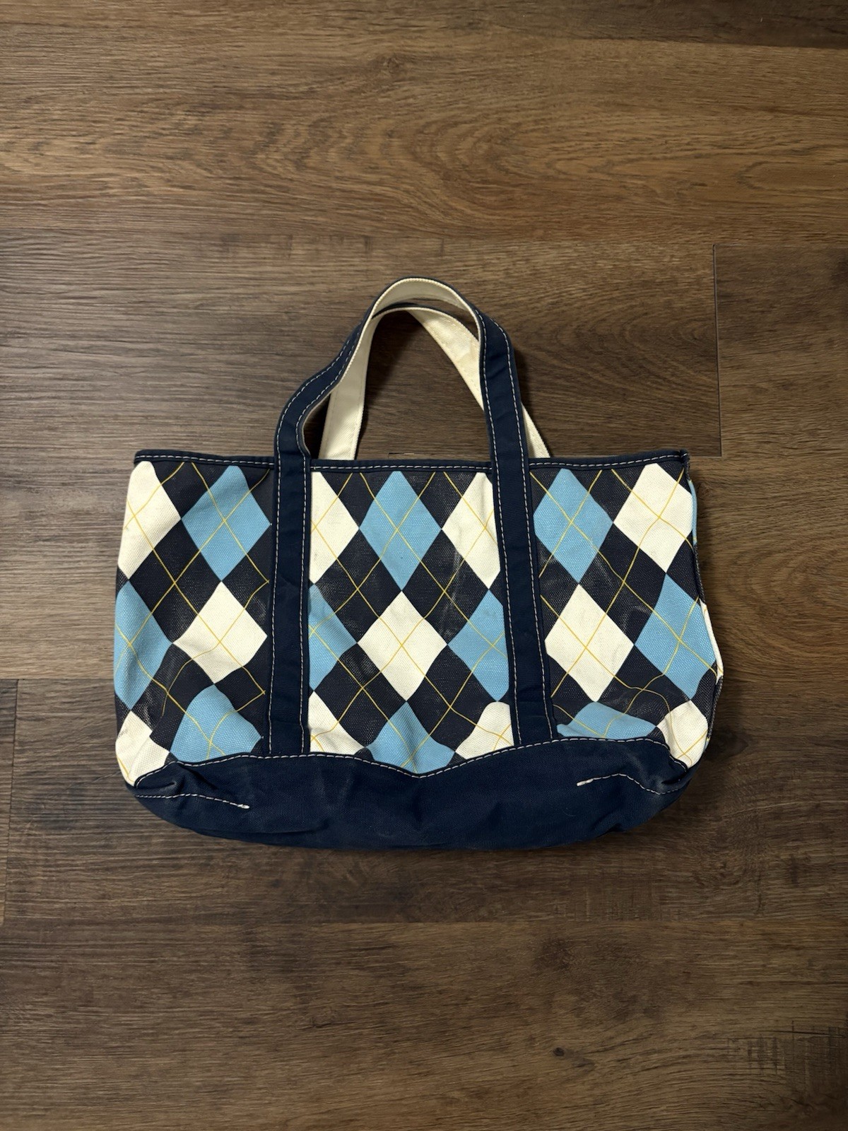 L.L.Bean Argyle Tote Bag Blue/White/Navy Double Handles with Inner Pockets
