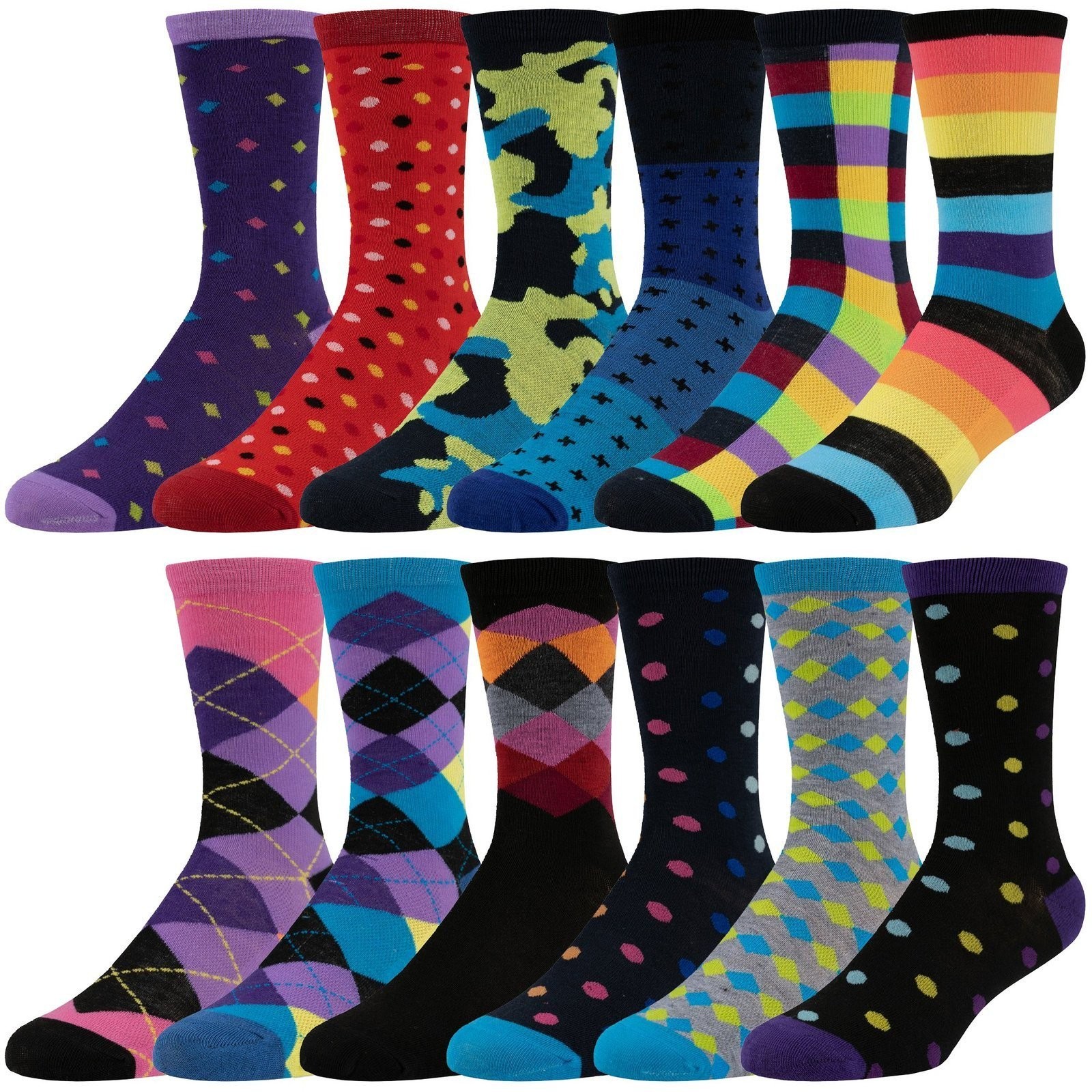 ZEKE Men’s Dress Socks Funky Fun Colorful Crew Socks 12 Assorted Patterns