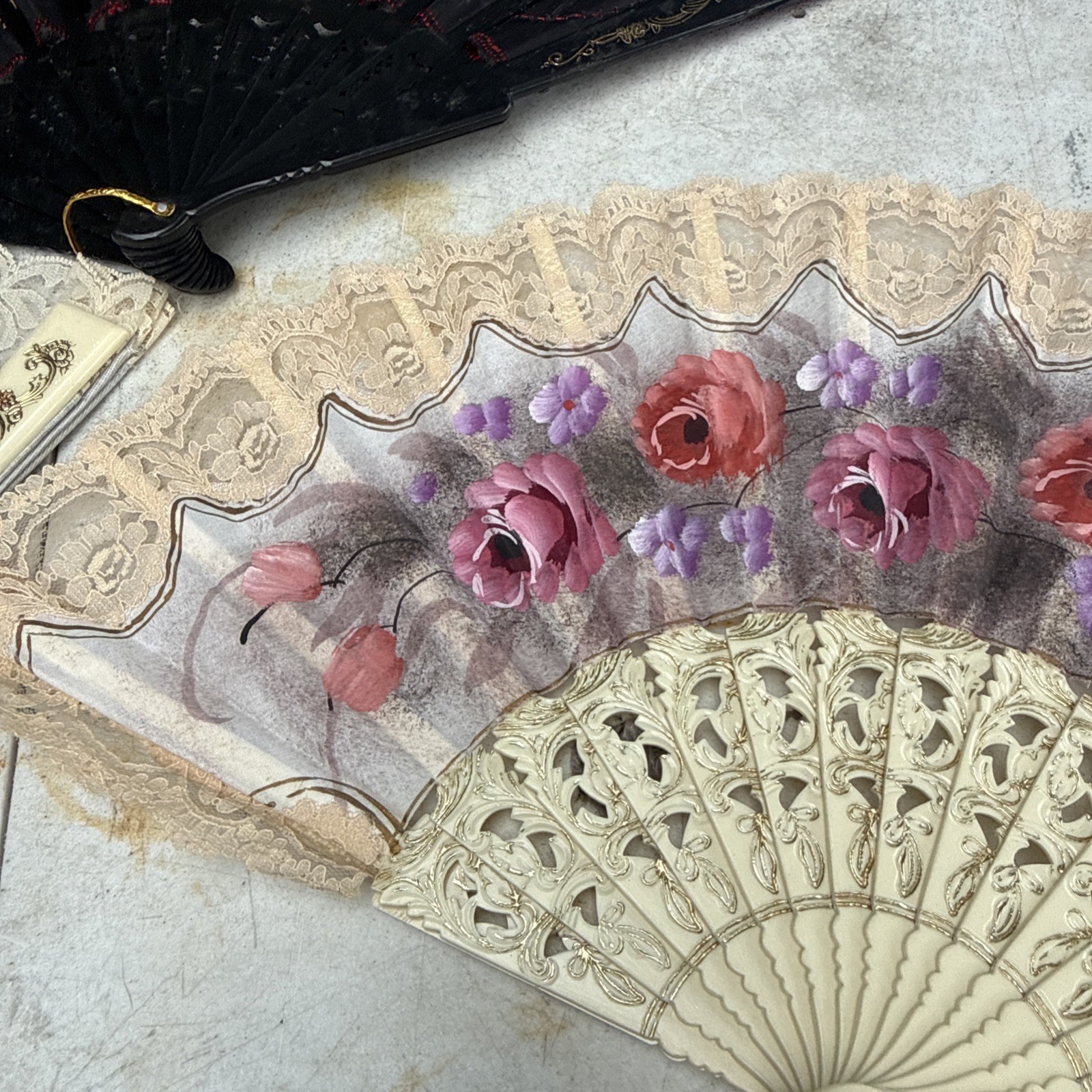 Victorian Style Multicolor Floral Hand Fan Black Lace Trim Fabric Plastic