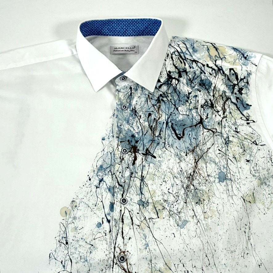 Marcello Men’s Abstract Art Hand Painted White Dress Shirt – Size 3XL