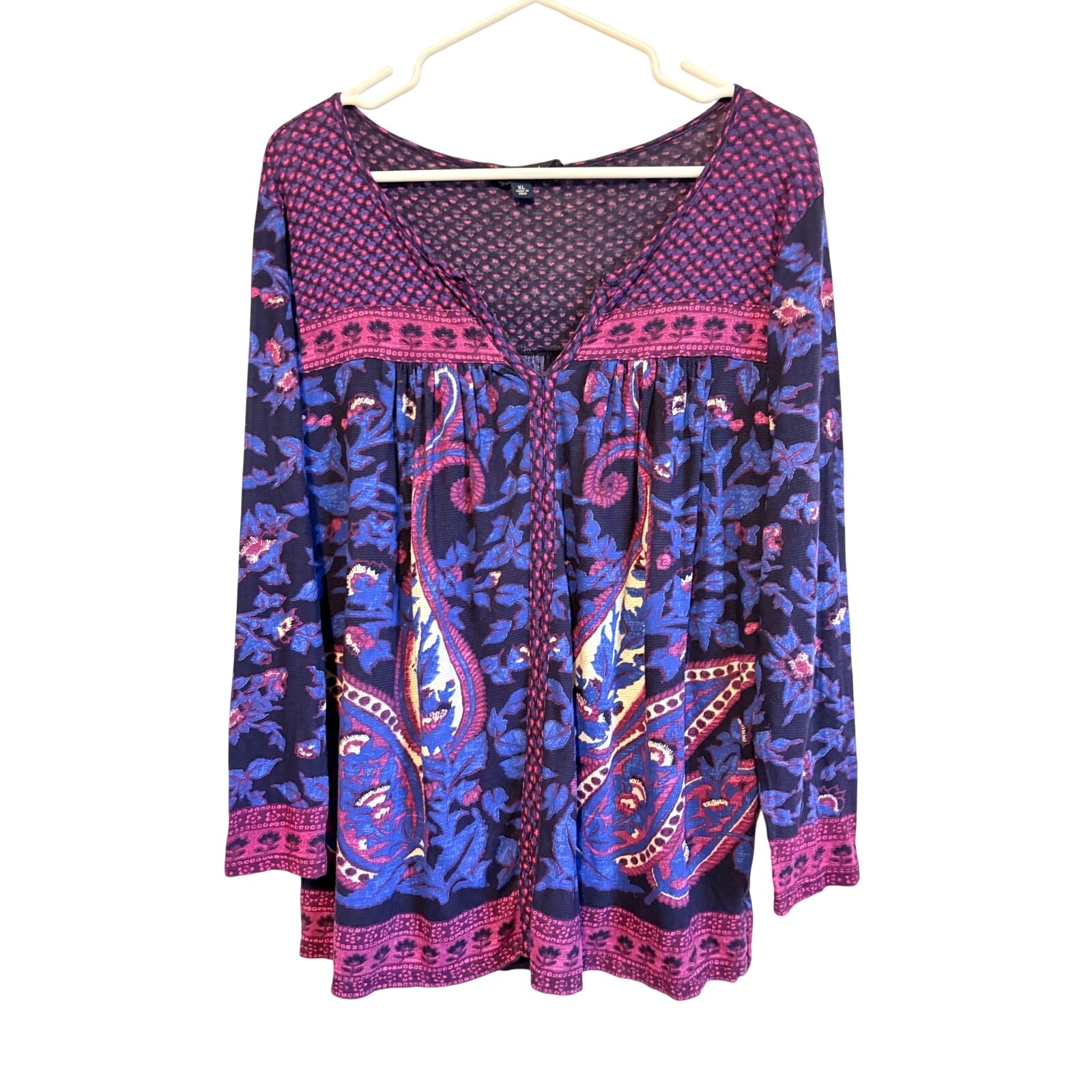 Lucky Brand Blue Purple Paisley Tunic Top 3/4 Sleeves Cotton XL Boho Hippie