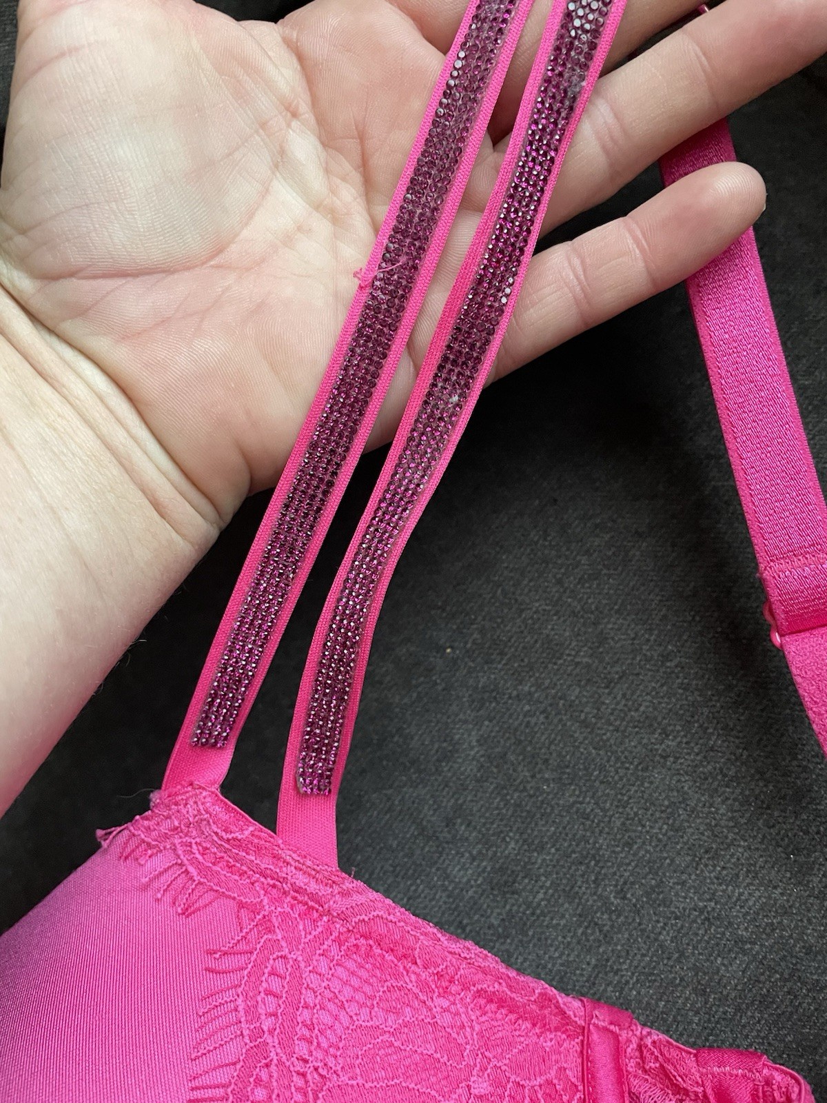 Victoria’s Secret PINK 32DD Underwire Lace Mesh Push-Up Bra Rhinestone Straps